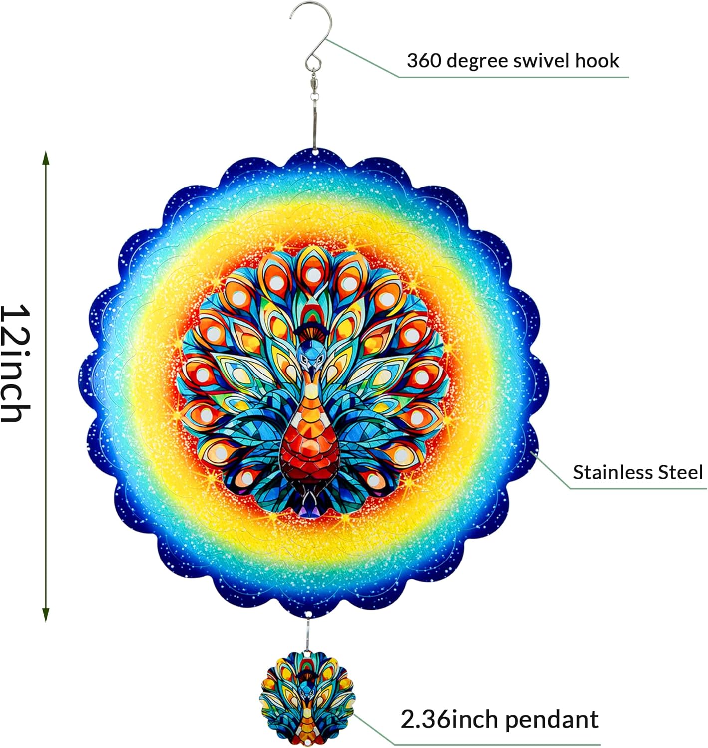 Peacock Hanging Wind Spinners,12 Inch 3D Garden Spinner Kinetic Art Garden Decorations，Stainless Steel Reflective Wind Spinners for Yard