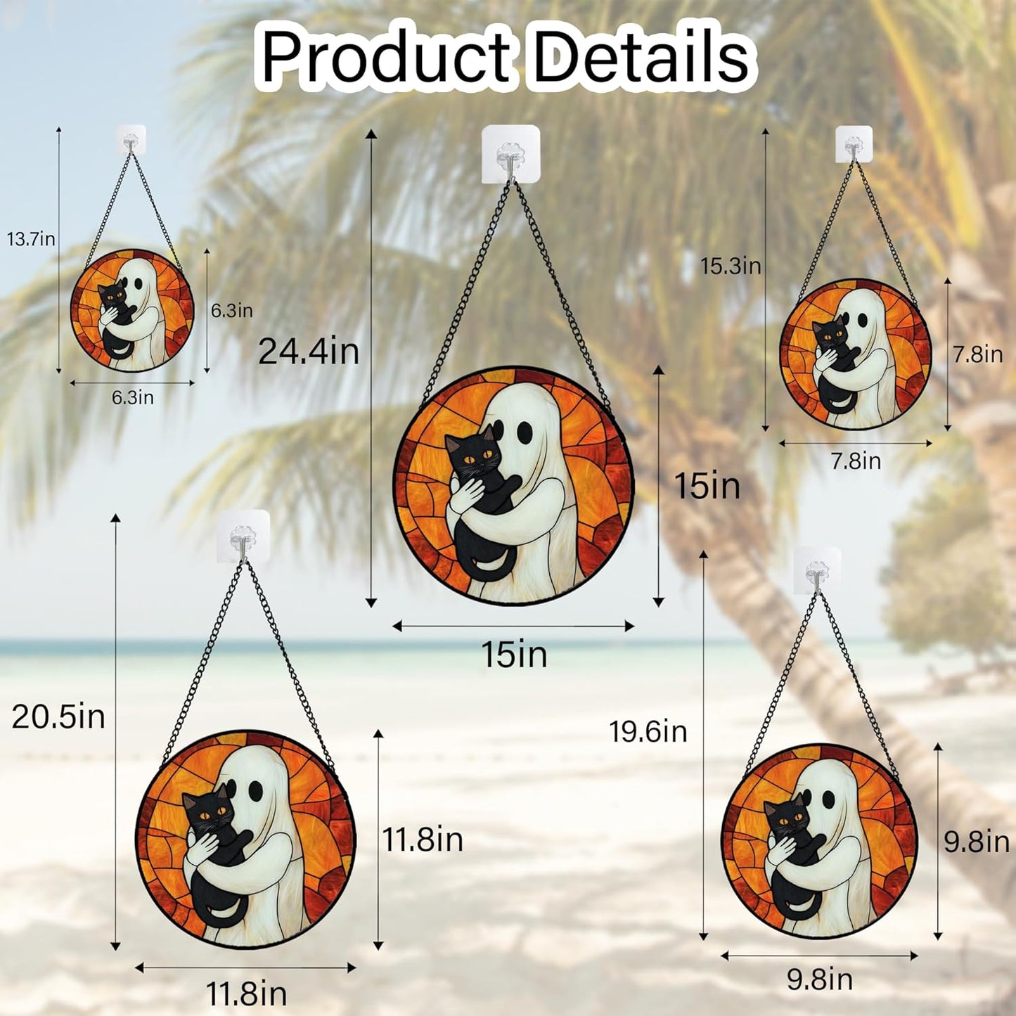 Stained Glass Window Hanging - Halloween Decorations White Ghost Black Cat Suncatcher for Doors Garden Spooky Funny Orange Sun Catchers Gothic Decor Horror Gifts for Women Men Friend 11.8 in