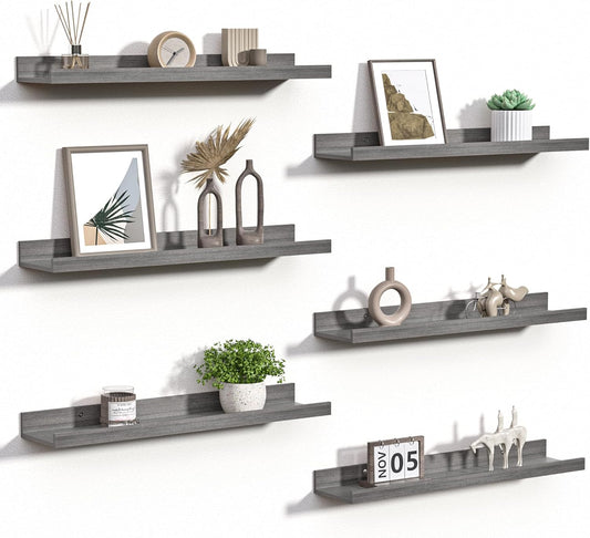 upsimples Floating Shelves for Wall, Wood Mounted Shelf Decor Storage Set of 6, for Bedroom, Living Room, Bathroom, Kitchen, 23.6 inch Long Picture Ledge, Grey