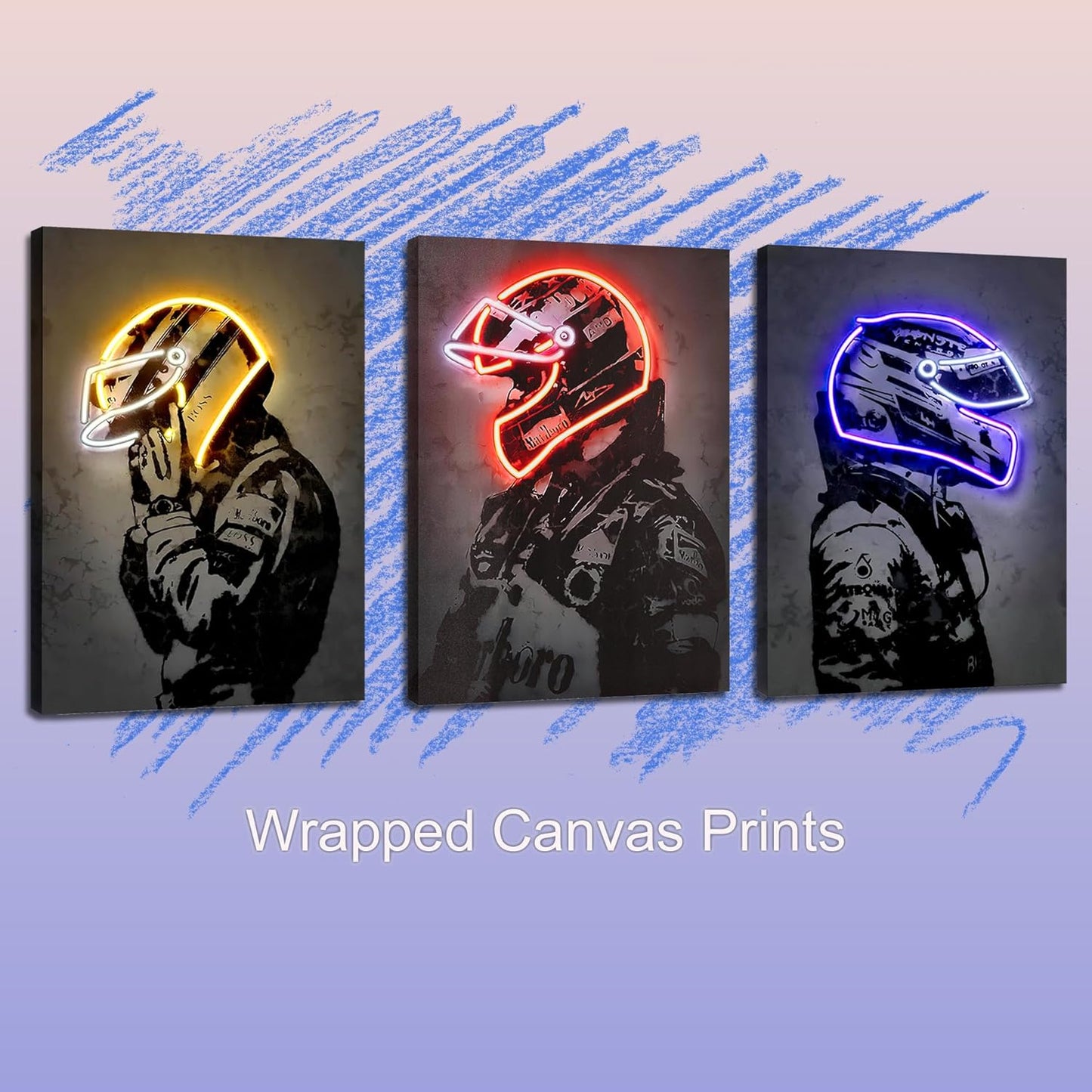 Sorventina Racing Superstar Wall Decor Canvas Prints- 3pcs Set Sports Painting Art Decor, Neon Racing Driver and Motorcycle Wall Art for Bedroom Living Room Home Decor, Wrap Framed(colorful, 16x24)