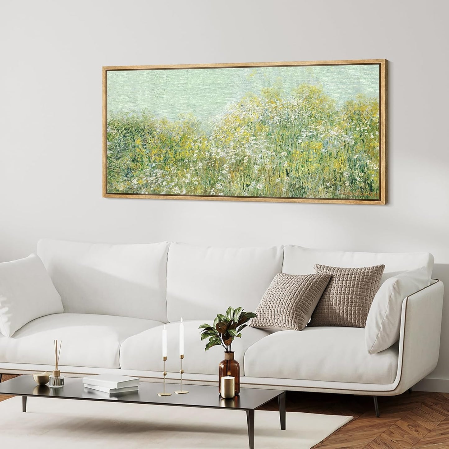 MUDECOR Extra Large Framed Canvas Print Wall Art Lush Summer Garden with Blooming Trees Antique Retro Fine Art Illustrations Decorative Colorful for Bedroom - 60"x30"