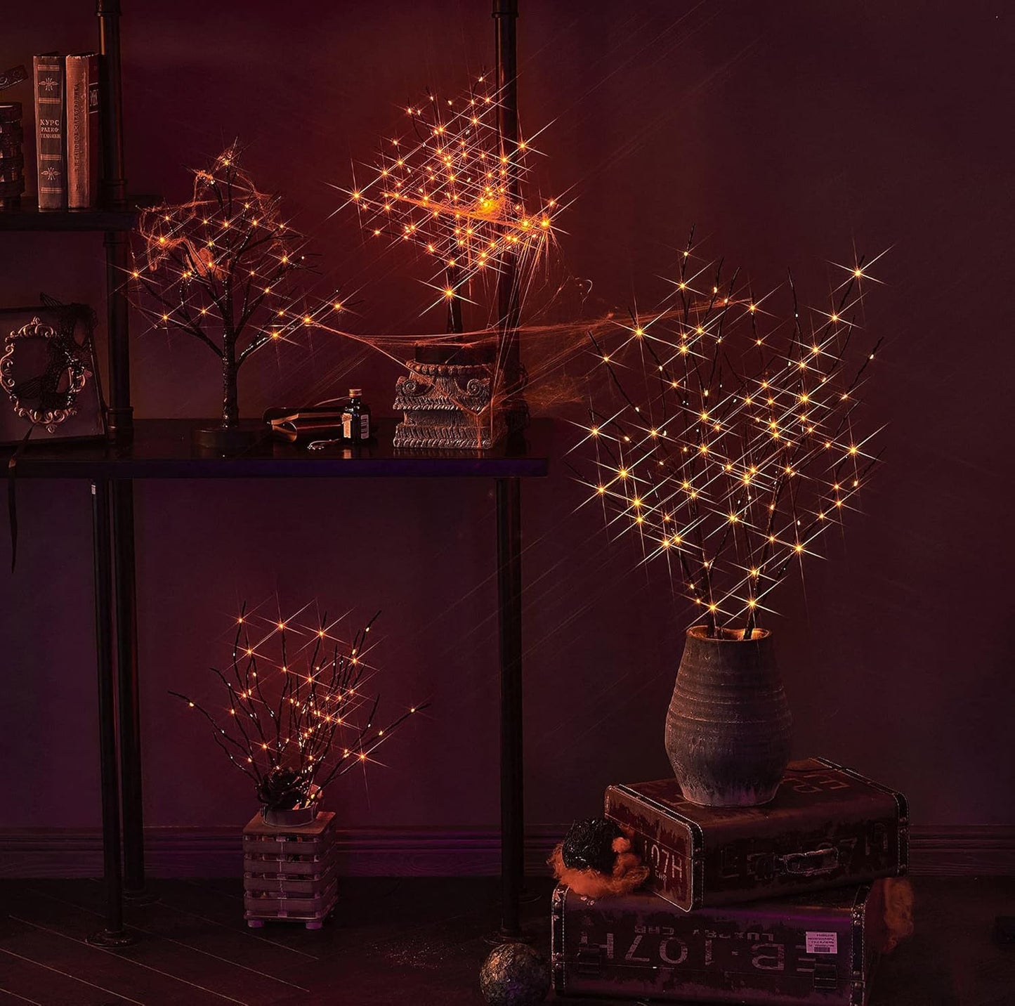 LITBLOOM Lighted Spooky Halloween Tree with Timer Battery Operated or USB Plug in, Pre-lit Black Glittered Tabletop Tree with Orange Lights 24L 18IN for Halloween Home Party Decoration Indoor