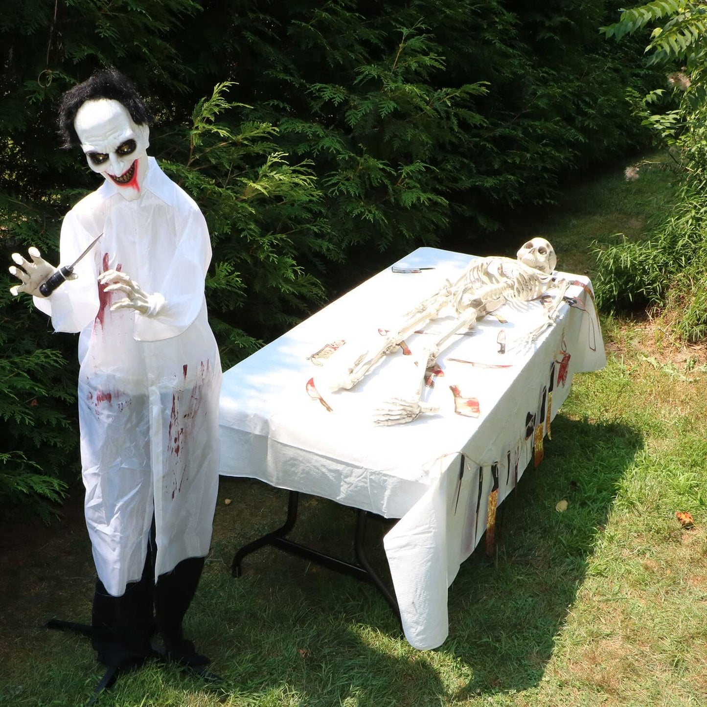 Haunted Hill Farm Life-Size Scary Animatronic Doctor with Touch Activated Lights and Sounds, Indoor or Covered Outdoor Spooky Halloween Decorations for Home or Haunted House, Battery-Operated
