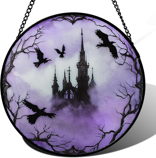 Stained Glass Window Hanging - Halloween Gothic Castle Purple Smoke Suncatcher for Doors Garden Home Spooky Crow Sun Catchers Gothic Decor Horror Gift for Women Men Friend Boy Girl 11.8 in