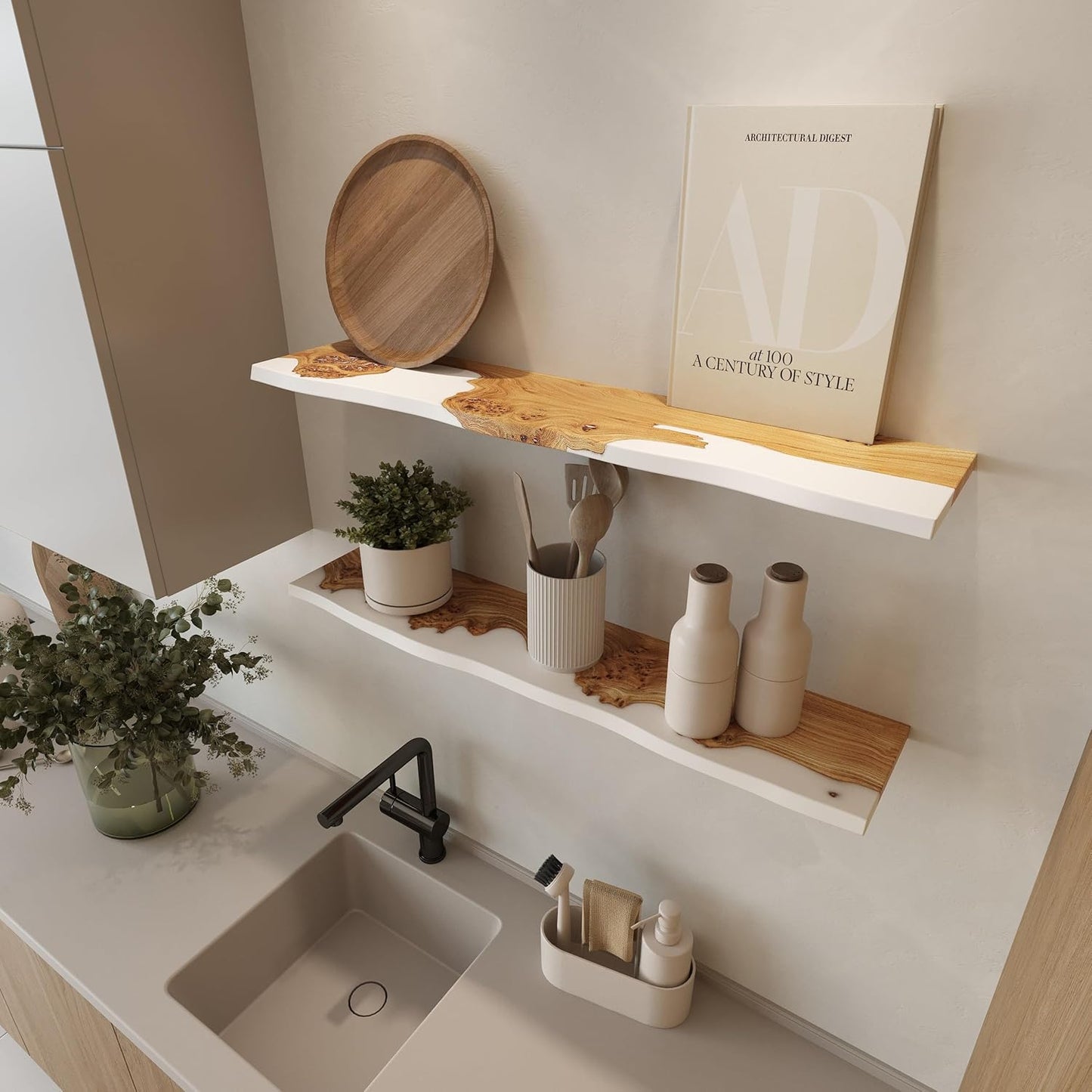 RWA Unique Live Edge Floating Shelf for Wall - Stylish Hanging Shelves for Room Wall Bedroom Bathroom Office Decor, Epoxy and Wood Wall Shelf Plank - Elegant Wall Mounted Shelves (white, 12x6")