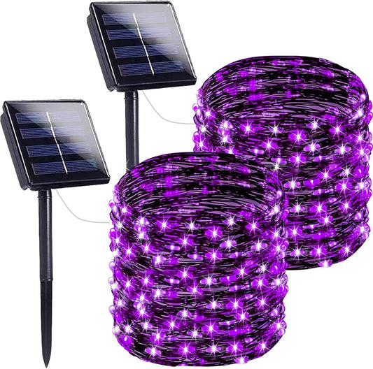 Halloween Solar String Lights, Extra-Long 2 Pack 144FT 400LED Super Bright Solar Fairy Lights Outdoor, 8 Modes Waterproof Copper Wire Twinkle light for Garden Tree Party Halloween Decorations (Purple)