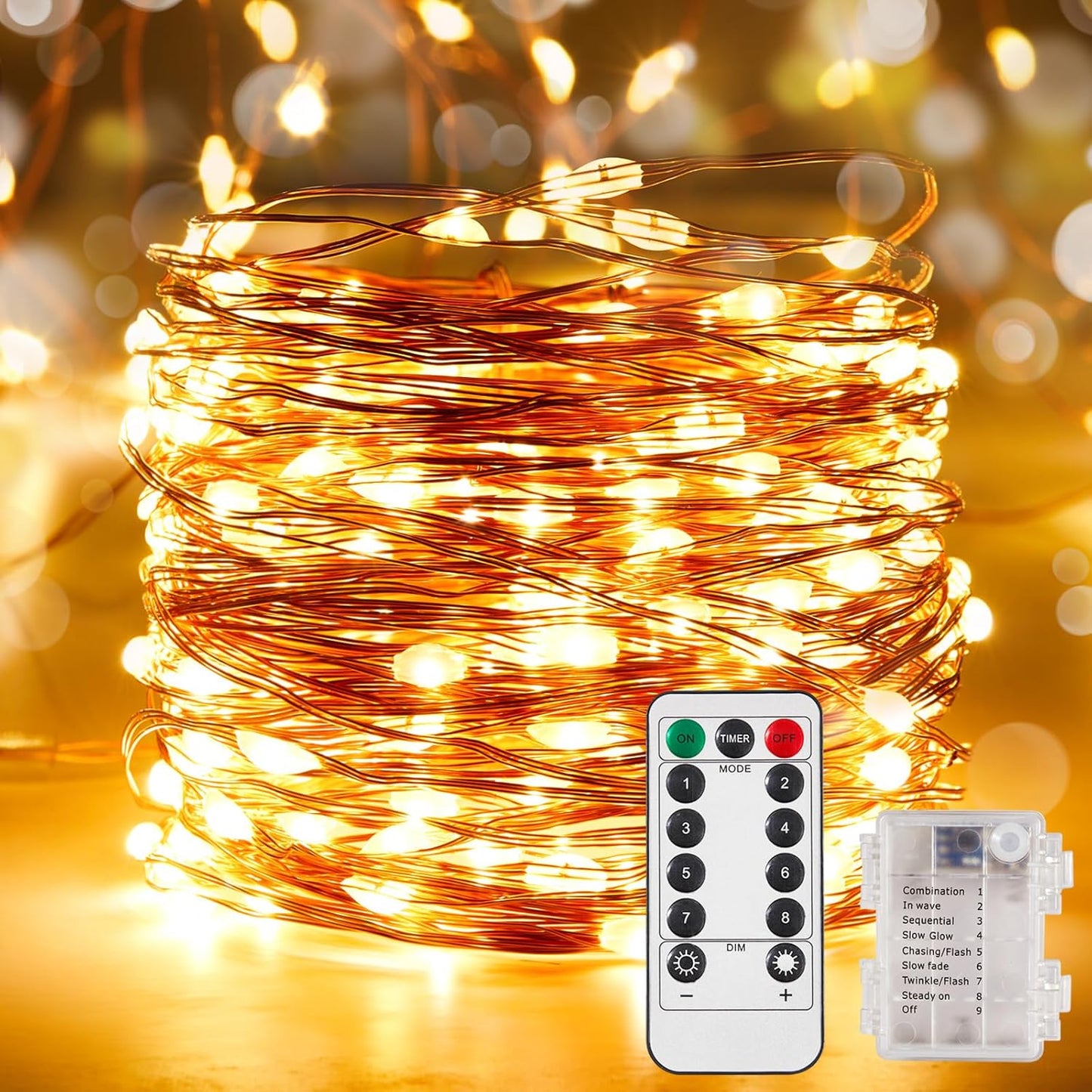 2 Pack 32.8 Ft. Battery Operated Outdoor String Lights with Remote & Timer, LED Warm White Fairy Lights, Waterproof Twinkle Lights for Bedroom, Dorm, Mason Jar, Wedding, Party, Christmas
