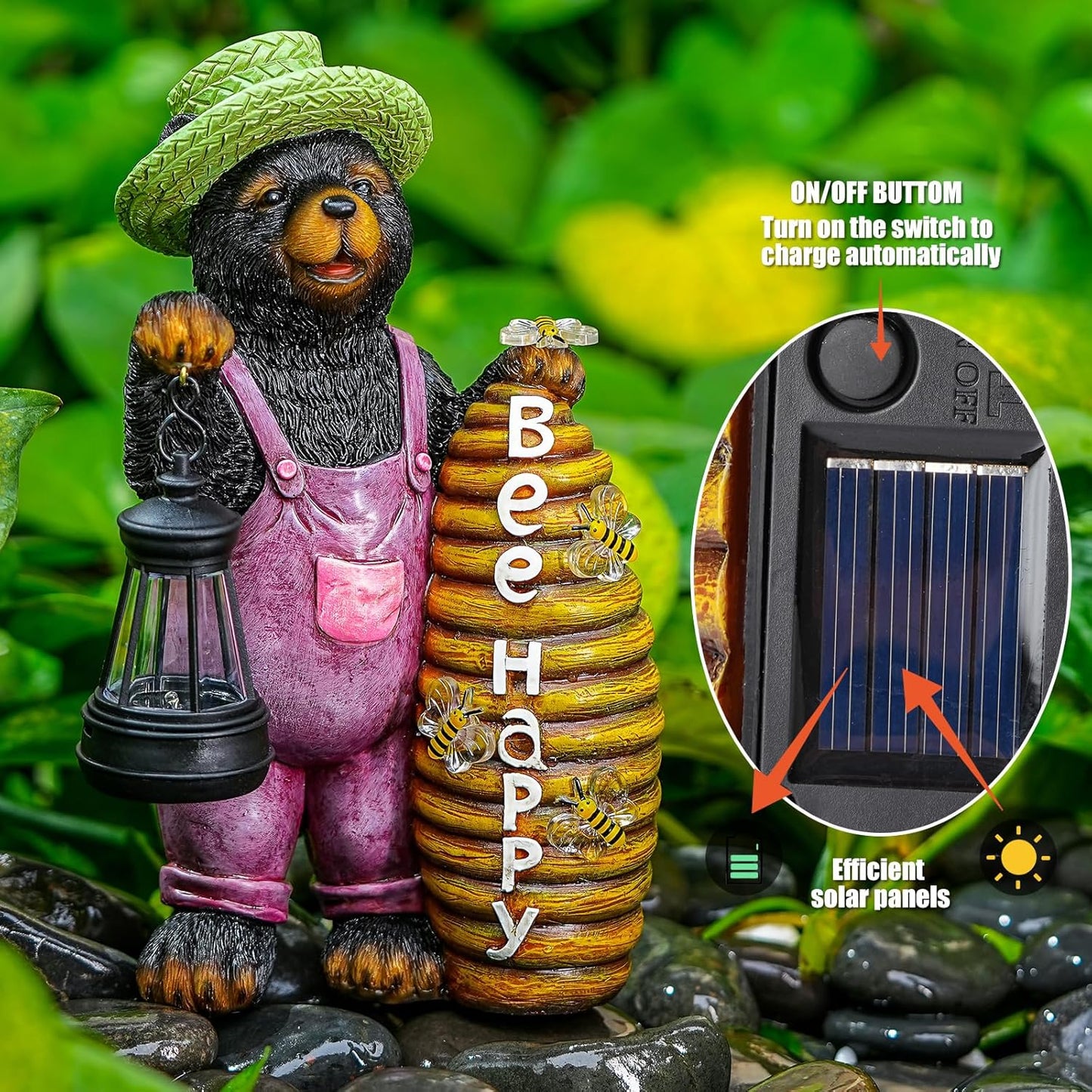Solar Adorable Bear Garden Statue with Beehive and Lantern - “Bee Happy” Resin Outdoor Decoration for Yard, Patio, or Home Decor