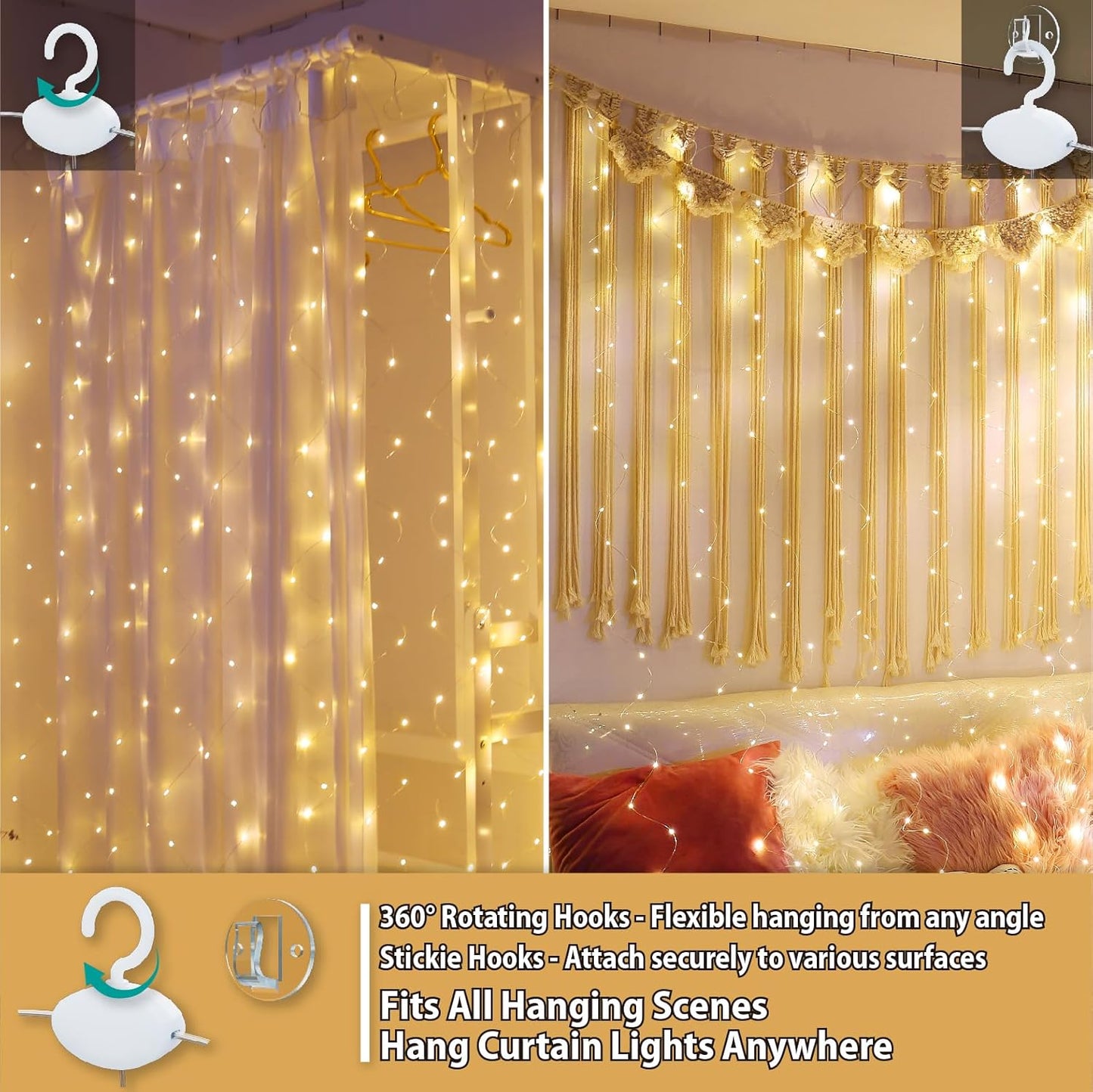 HXWEIYE 300LED Fairy Curtain Lights, 9.8x9.8Ft Warm White USB Plug in 8 Modes Christmas String Hanging Lights with Remote for Bedroom, Indoor, Outdoor, Weddings, Party