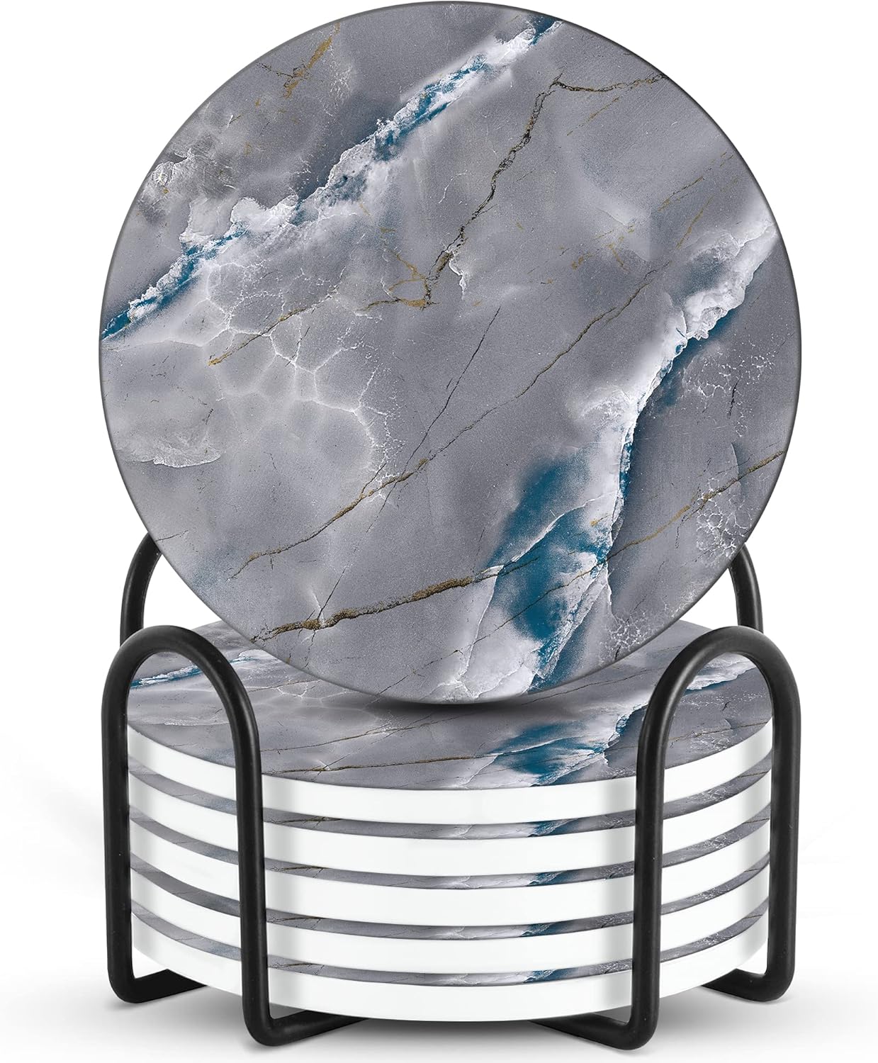 Emerson Coasters for Drinks Absorbent – Natural Stone Drink Coasters Set with Holder, Coasters for Coffee Table, Wooden Tabletop Protection Marble Style – 100% Heavy Duty Set of 6 (Graphite)