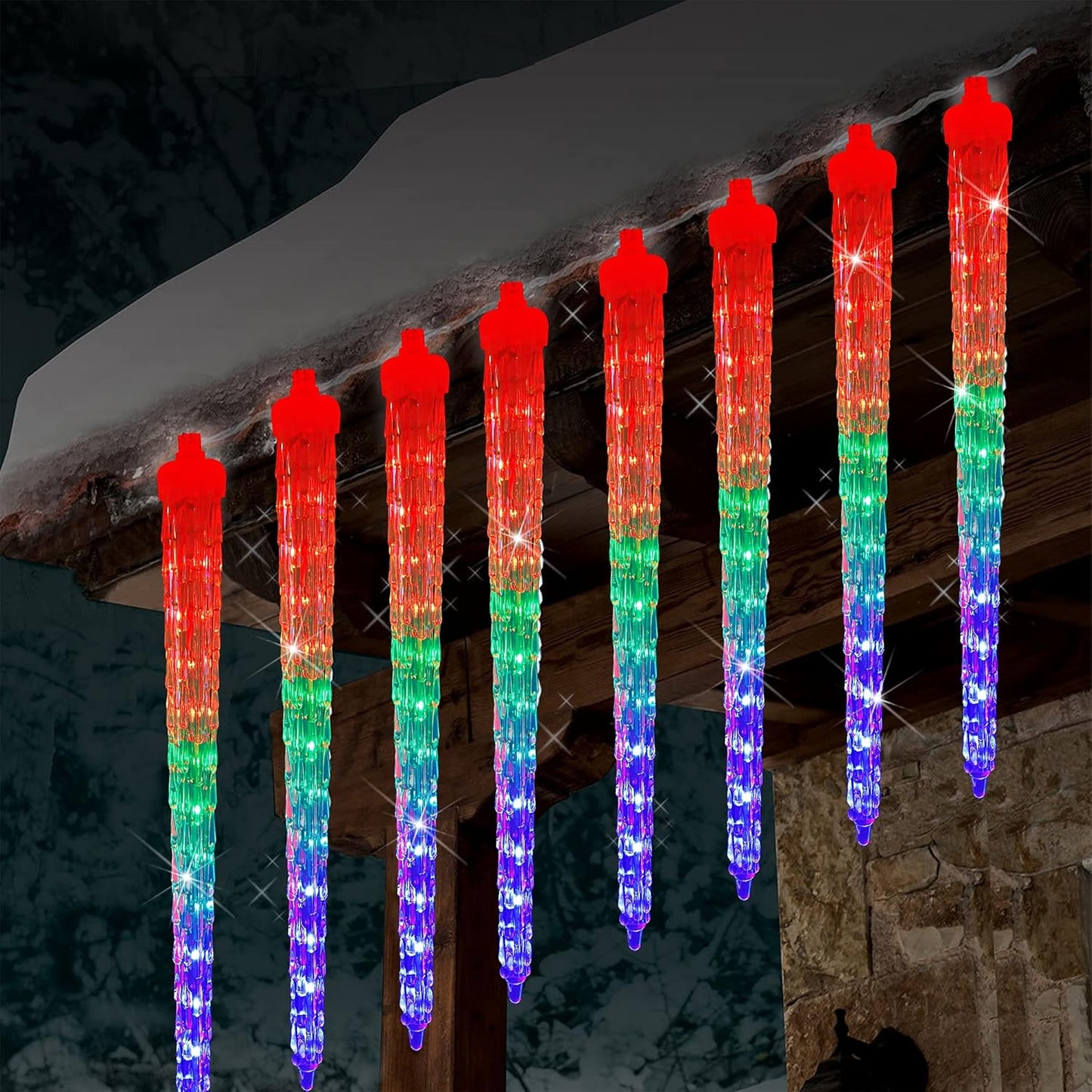 WATERGLIDE Meteor Shower Lights, 12" Outdoor Icicle Christmas Lights 8 Icicles 192 SMD LED Crystal Ice Falling Light, Connectable Raindrop Light, Xmas Winter Party Tree Holiday Decor, Multicolor