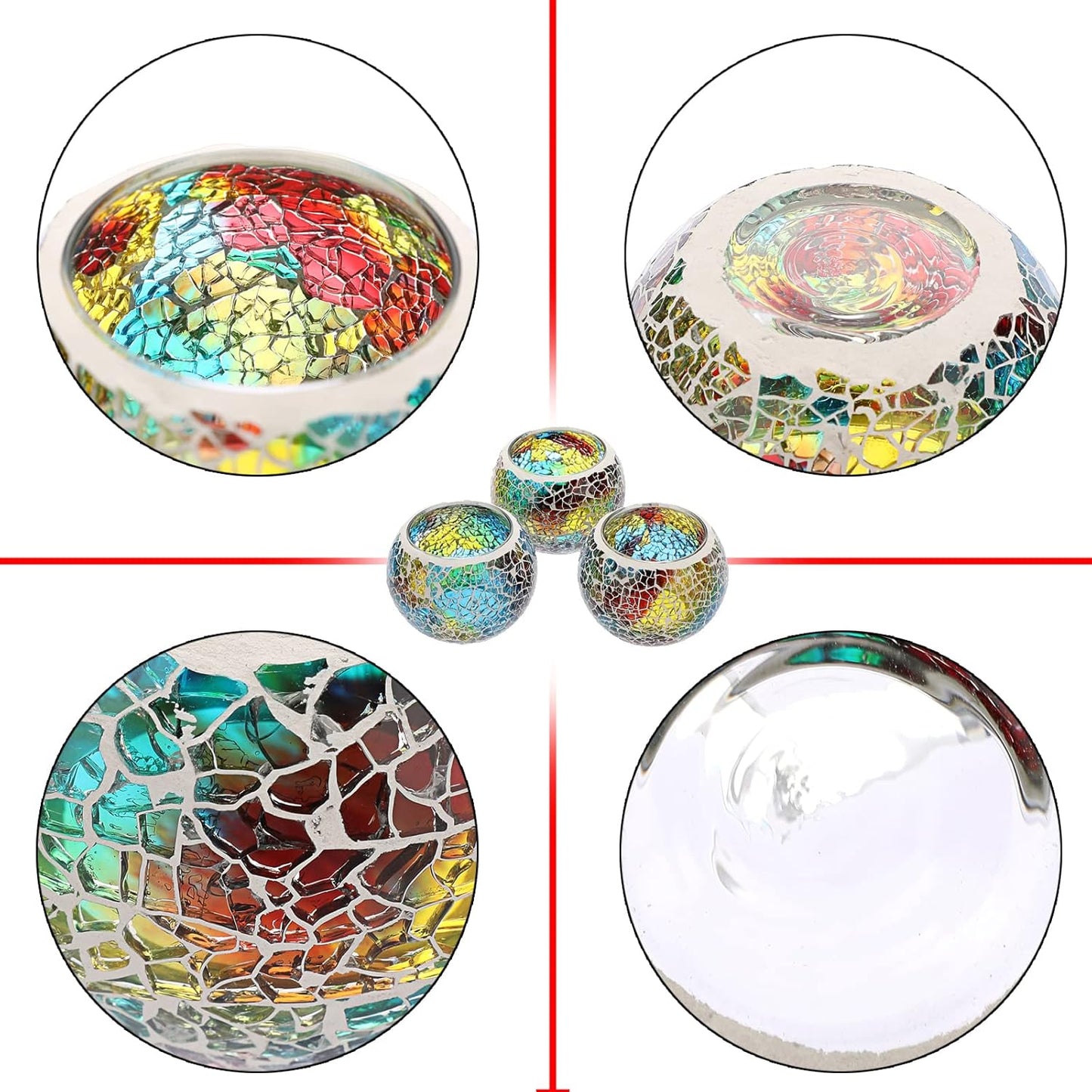 OwnMy Set of 3 Colorful Mosaic Glass Tea Light Holders Round Bowl Votive Candle Holders Pillar Candle Stands, Glass Mosaic Tealight Holders Potted Plant Bowl Vase Candle Centerpiece for Table Wedding