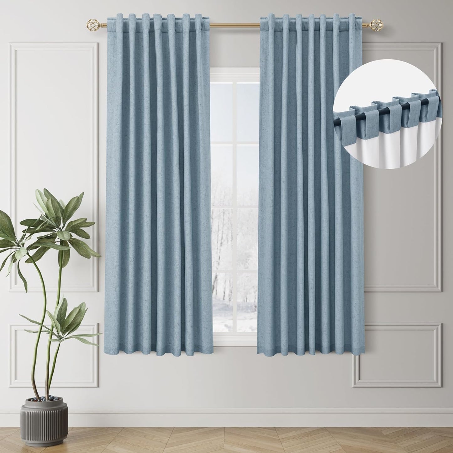 BOODII Blue Black Out Curtains 63 Inch Long for Bedroom Window Room Darkening Full Light Blocking Curtains Back Tab Neutral Elegant Nursery Baby Blackout Curtain Thermal Insulated Linen Drapes 52x63