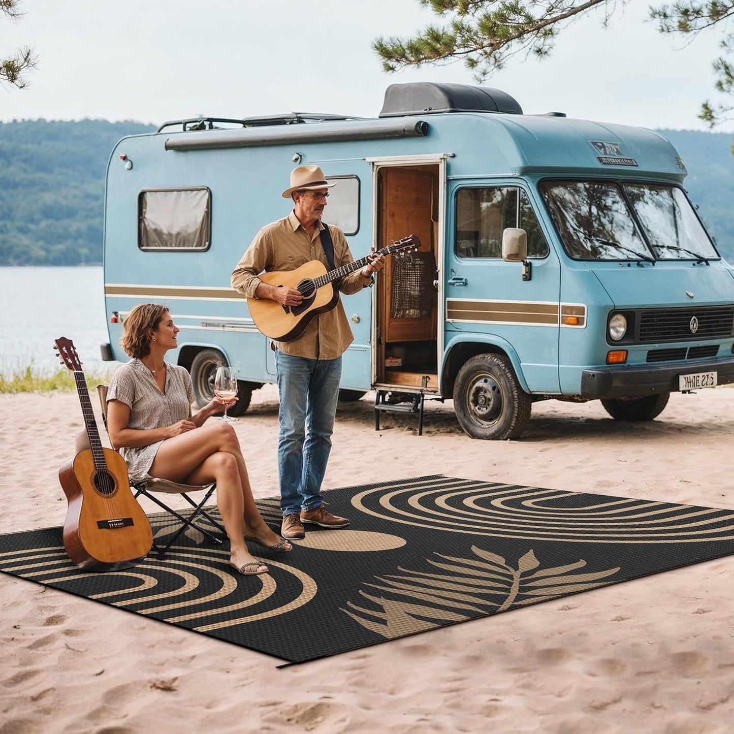 GENIMO Outdoor Rug 5' x 8' Waterproof for Patio Clearance, Reversible Plastic Straw Camping Carpet, Lightweight Rugs Mats for Rv, Backyard, Deck, Porch, Picnic, Balcony, Mix-Black & Brown