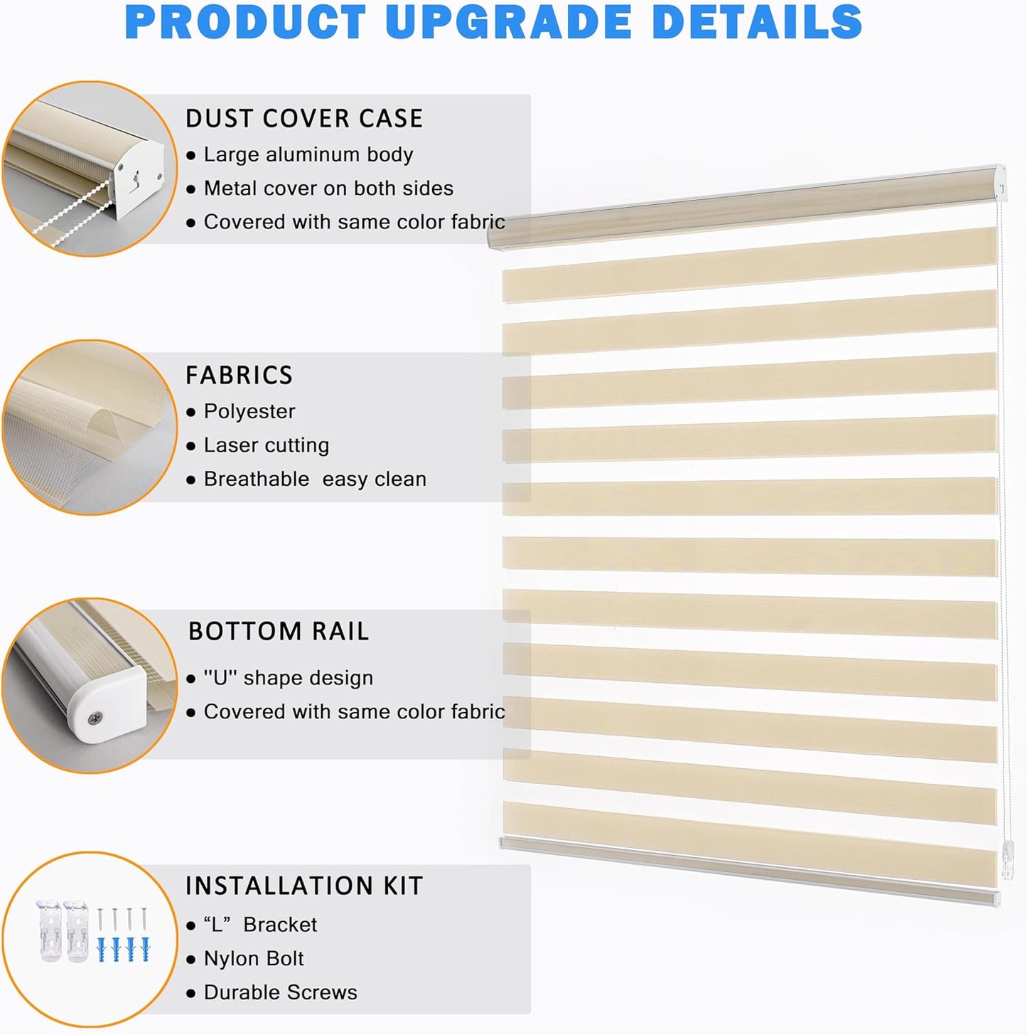 Window Blinds Dual Layer Polyester Zebra Roller Light Filtering Sheer Shades Window Treatments Privacy Light Control for Day and Night(W42 x H72(Inch), Cream)