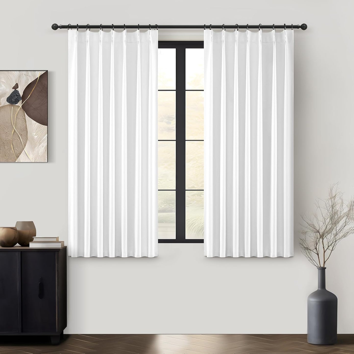 Bright White Heat Blocking Textured Pinch Pleated Cafe Short Curtains 45 Inch Length,Blackout Drapes Flax Linen 2 Panels Set Bathroom/Basement/Kitchen Curtain for 42 Inch Small Half Window (40"Wx45"L)