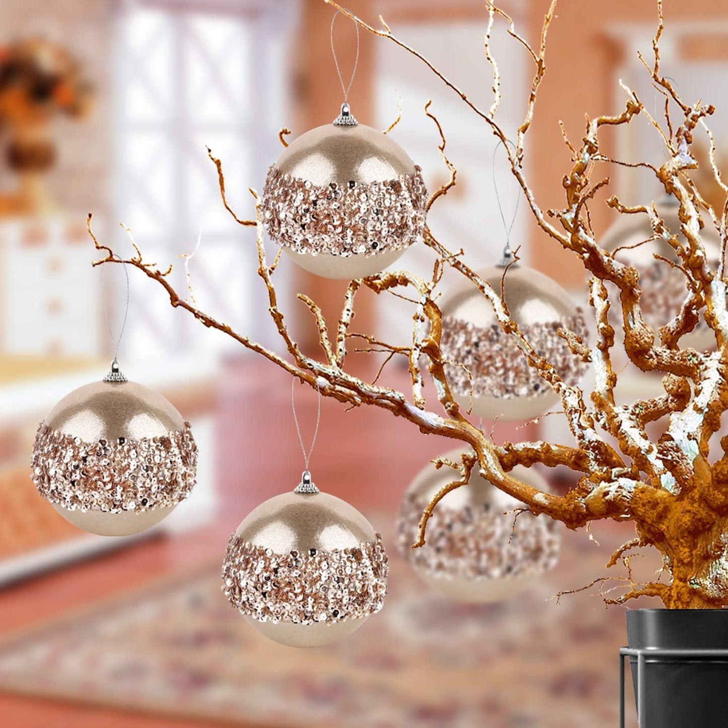 4pc Champagne Shatterproof 4" Christmas Ball Ornaments for Trees, Weddings, Holiday Decor