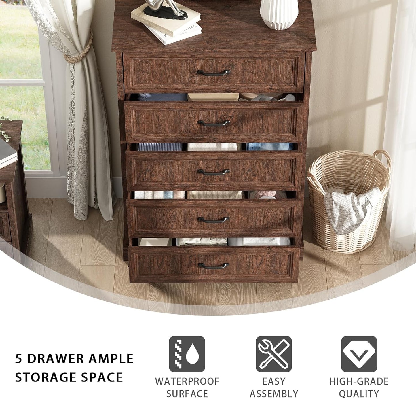 Farmhouse 5 Drawers Dresser for Bedroom, 44" Tall Brown dresser Wood Rustic Chest of Drawers with Wide Metal Handle,Natural Texture,Drawer Organizer for Bedroom,Living Room,Hallway and Entryway