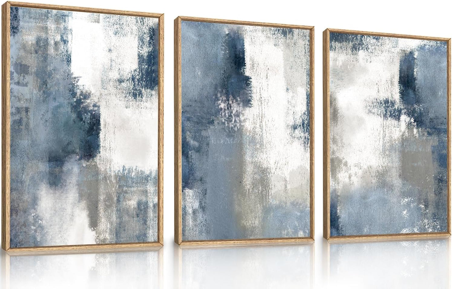 LHIUEM Large Abstract Brush Strokes Framed Canvas Wall Art Set,Navy Blue and Gray Wall Decor,Modern Color Block Shape Artwork,Minimalist Neutral Blue Printing for Living Room,Bedroom, Office-16''x24''x3