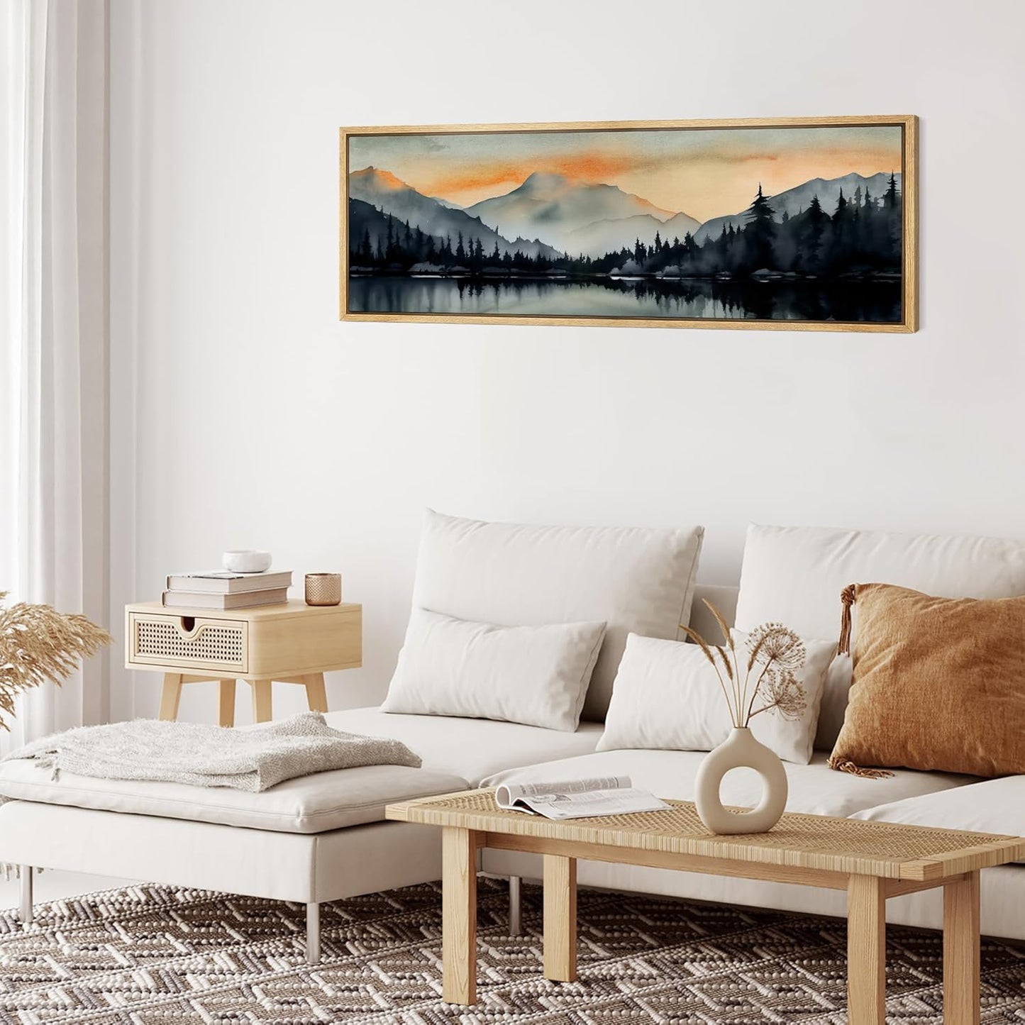 MUDECOR Large Framed Canvas Print Wall Art Sunset Mountain Range and Lake Panoramic Antique Retro Fine Art Illustrations Decorative Colorful for Bedroom - 60"x20"