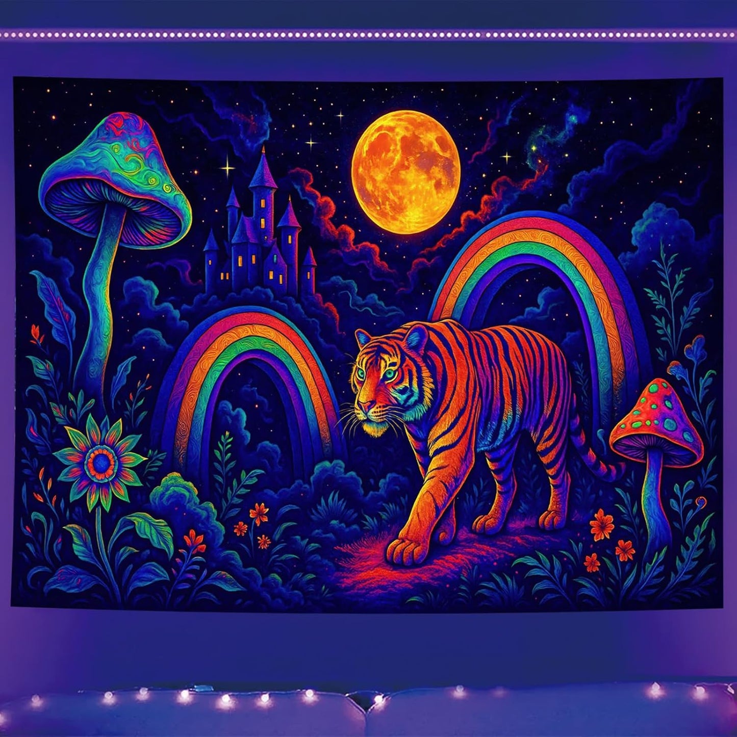 Starlit Patio Psychedelic Tiger Blacklight Tapestry UV Reactive Wall Hanging Rainbow Mushrooms Castle and Moon for Bedroom Dorm Living Room Glowing Jungle Decor Fluorescent Trippy Poster 78 x 59 Inch