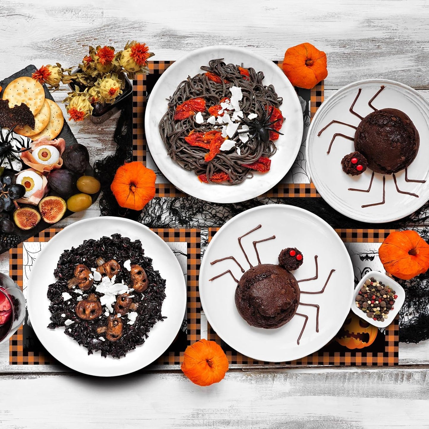 Honoson 100 Pieces Halloween Placemats Happy Halloween Fall Pumpkin Placemats Paper Halloween Place Mats Spooky Ghost Buffalo Plaid Kitchen Mat Double Sided Dinner Table Mats, 14 x 10 Inch
