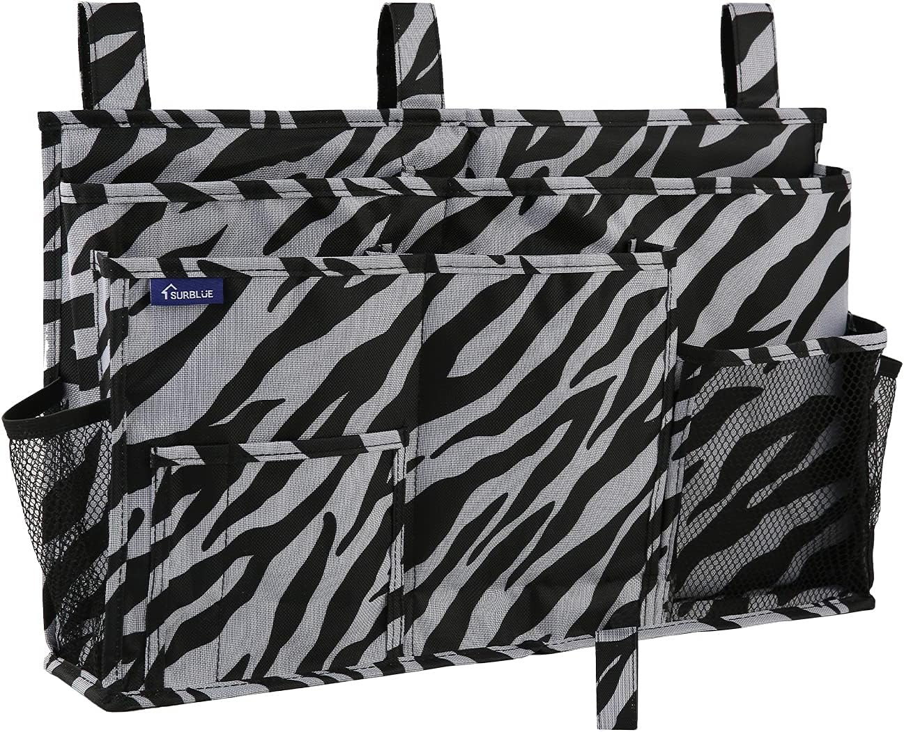 Surblue Bedside Caddy Hanging Organizer Storage Bag Pocket for Bunk, Hospital, College Dorm Rooms, Baby Bed Rails, Camp - 8 Pockets (Large, Zebra)