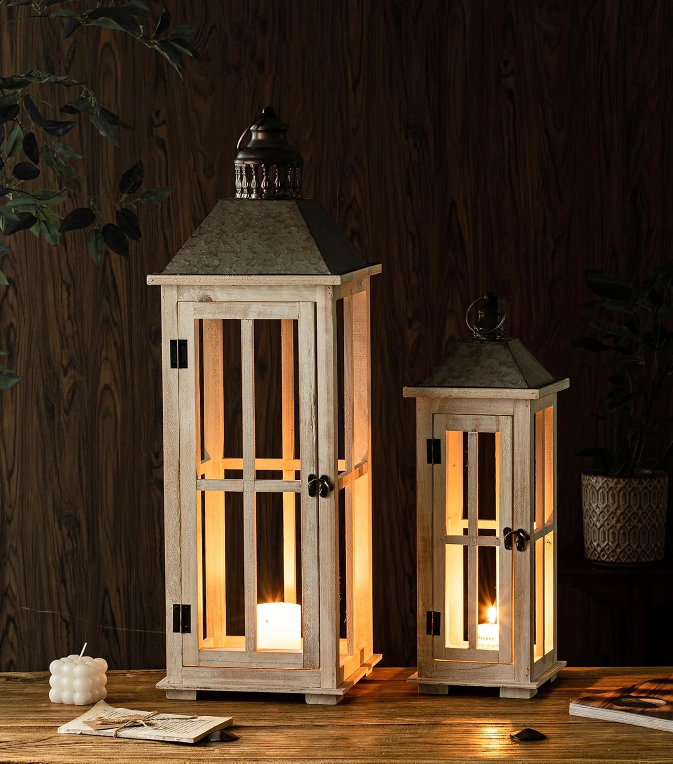 TIMRIS Large Rustic Wooden Decorative Lantern Set of 2, Modern Farmhouse Distressed Whitewash Floor Candle Lanterns, Indoor/Outdoor Hanging Lanterns for Home Decor (No Glass)