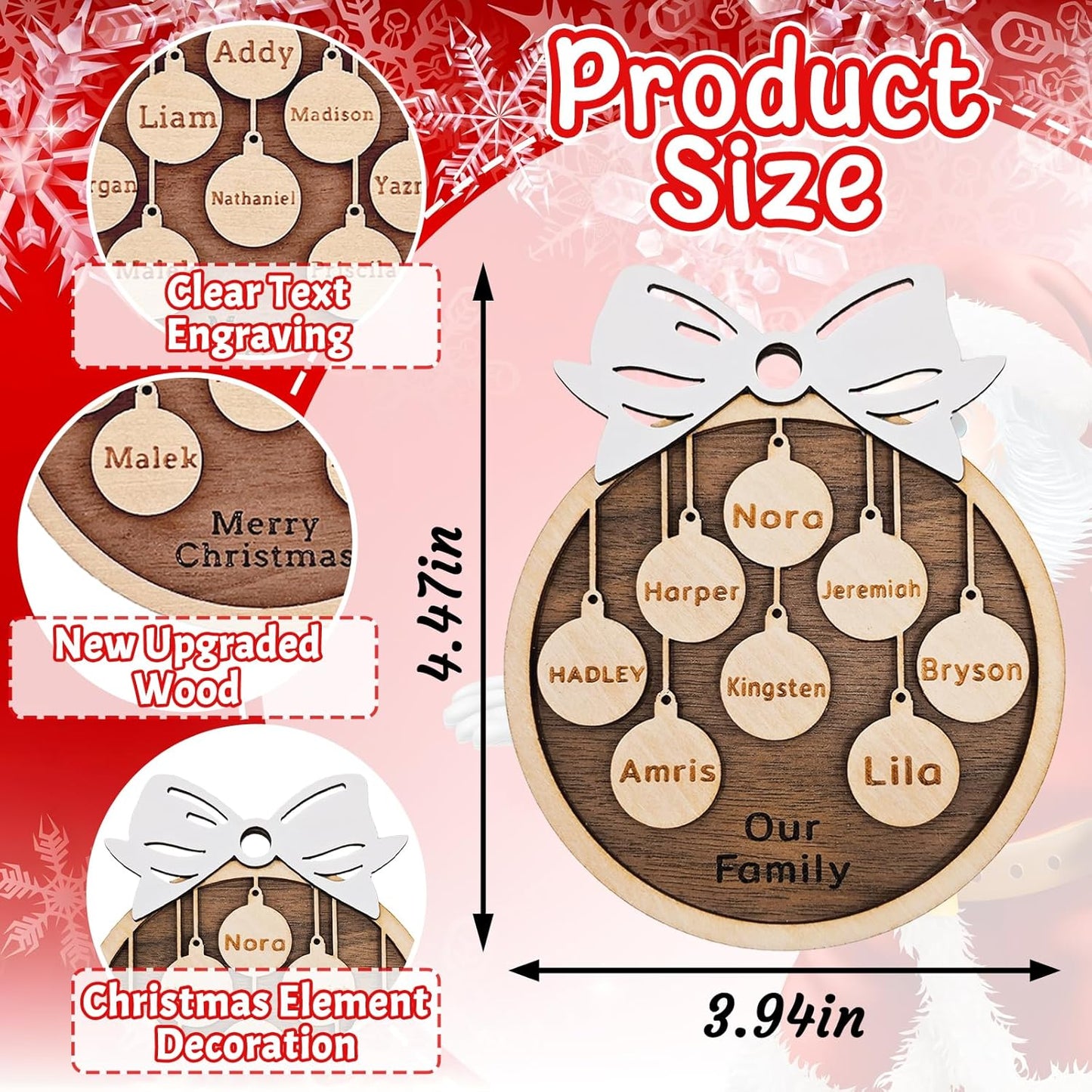 Personalized Christmas Ornaments 2025 with Family Names Custom Wooden Ornaments for Christmas Tree Personalized Christmas Ornament Gifts (1-10 Names)