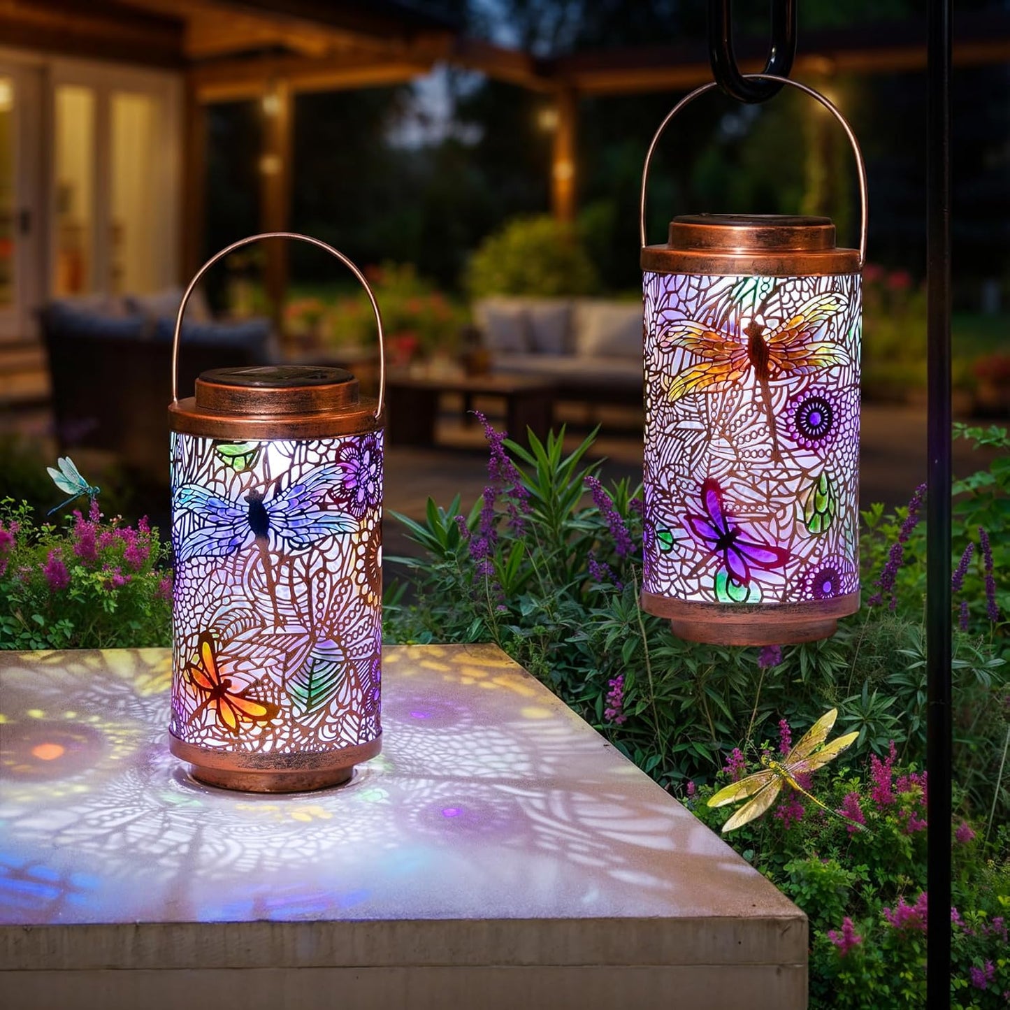 2Pack Solar Outdoor Lanterns Waterproof Multicolor Dragonfly Garden Gifts for Mom Women Backyard Lights Lanterns for Indoor,Outdoor, Porch, Outside,Mothers Day Gifts for Grandma Wife