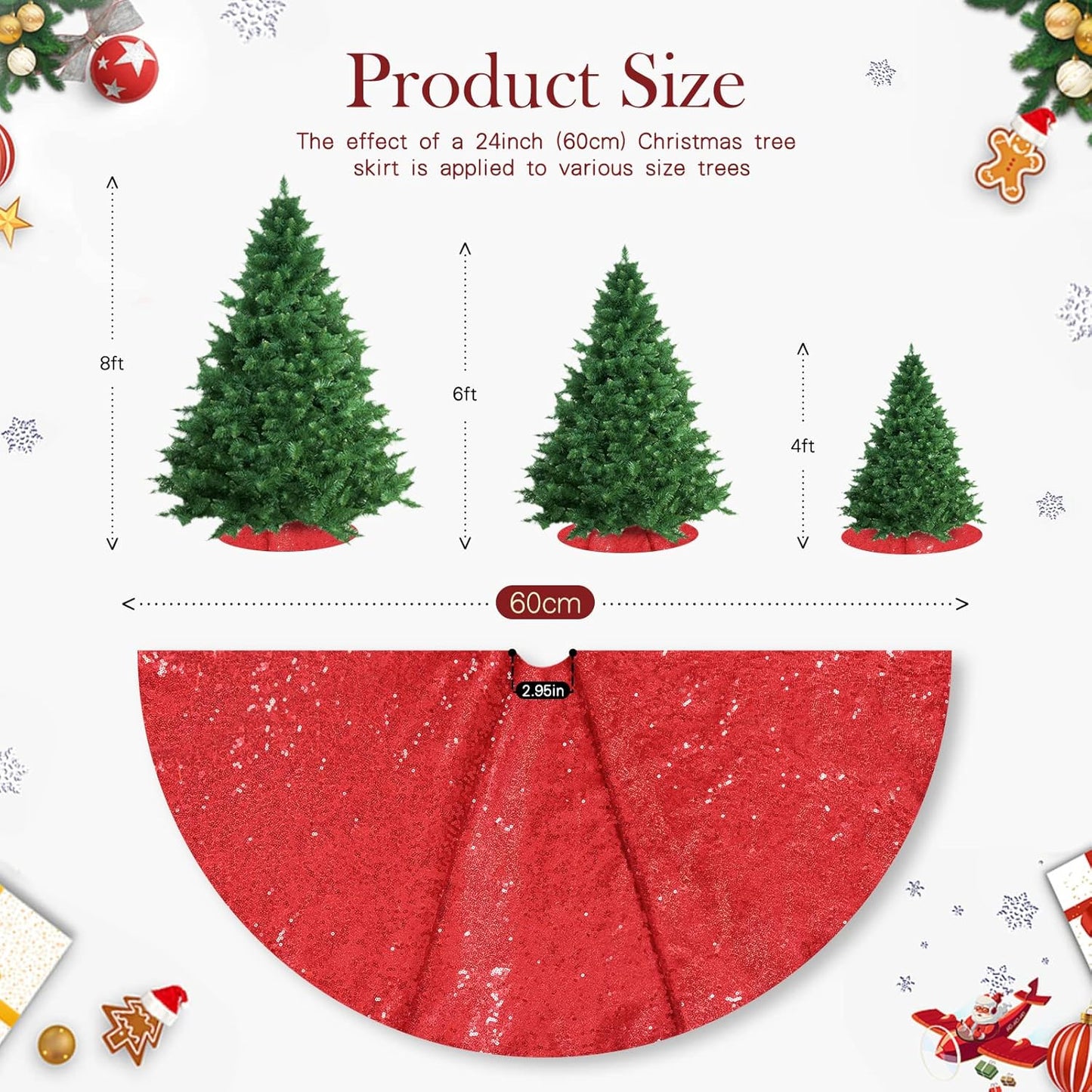 Red Tree Skirt 24 inches Small Christmas Tree Skirt Glitter Sequin Tree Skirt for Christmas Decorations