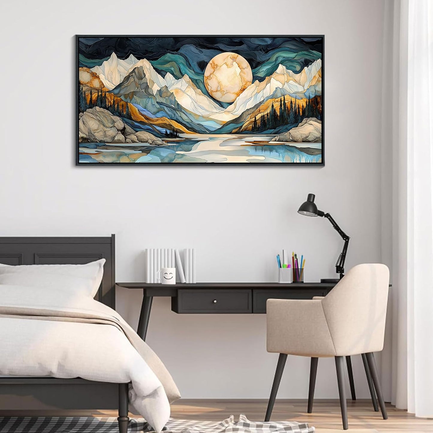 JEAWA Framed Canvas Wall Art - 24x48 Inchs Large Abstract Painting Decor, Textured Mountain Pictures as Gifts for Friends, Modern Art Prints for Bedroom Living Room Bathroom Home Decoration