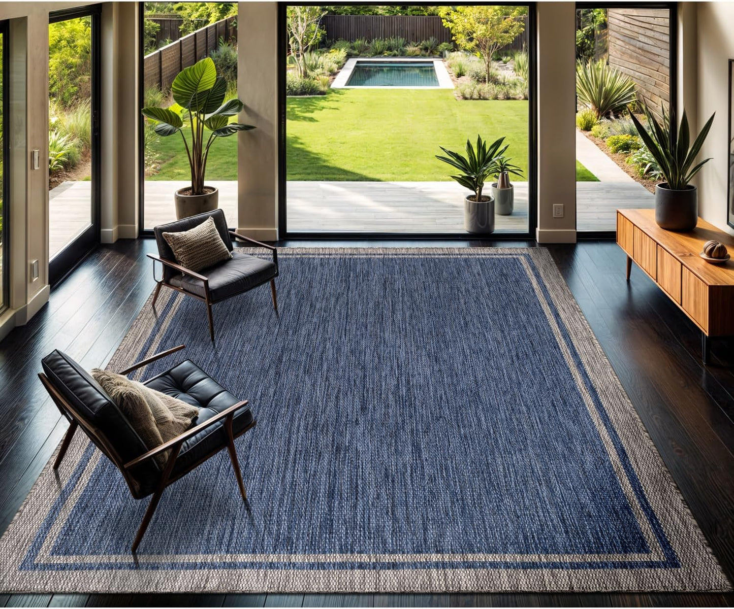 CAMILSON Outdoor Rug, 8x10 Bordered Navy Blue Gray Modern Area Rugs for Indoor and Outdoor Patios, Porches Waterproof Washable Porch Deck Outside Carpet (Bordered Navy, 8 x 10)