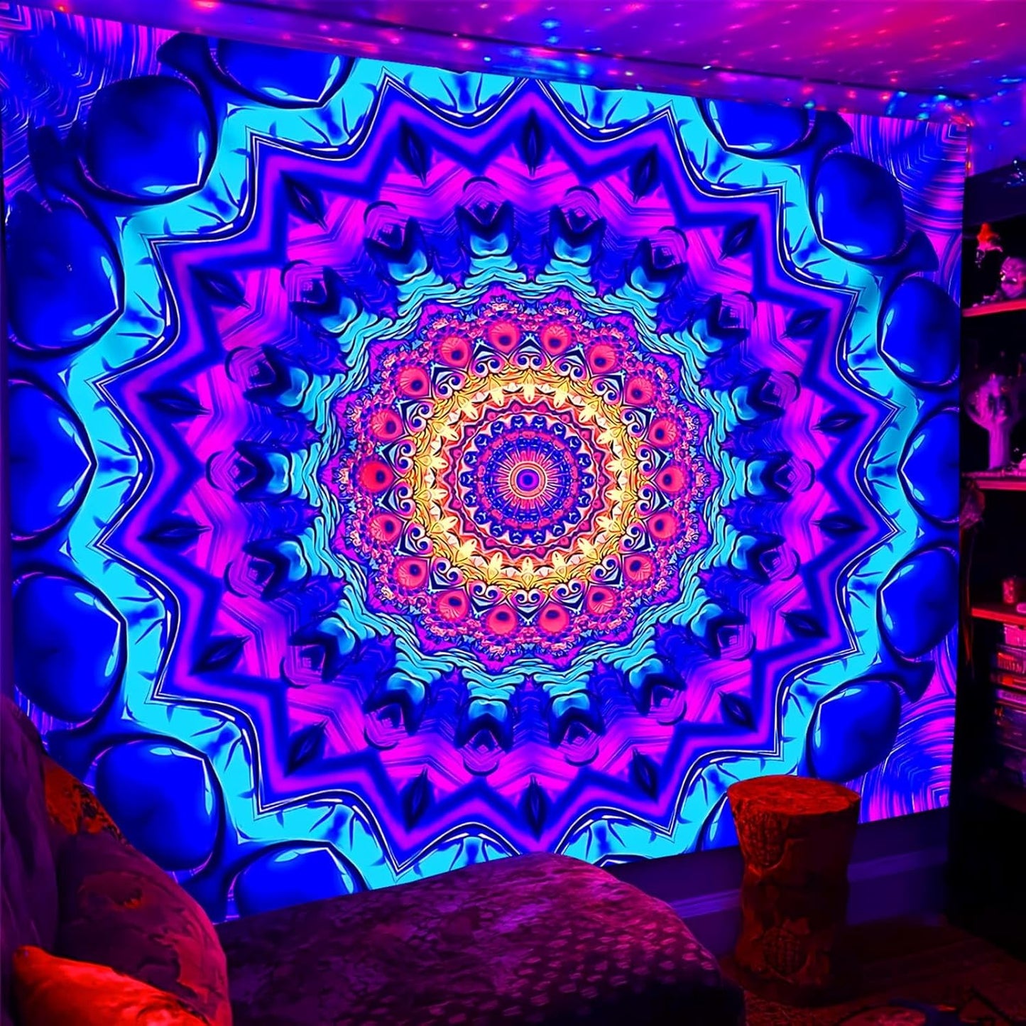 Blacklight Mandala Tapestry for Bedroom, Black Light Posters for Adults and Teens, Colorful UV Reactive Aesthetic Bohemian Wall Art Decor (40 x 30 Inches)