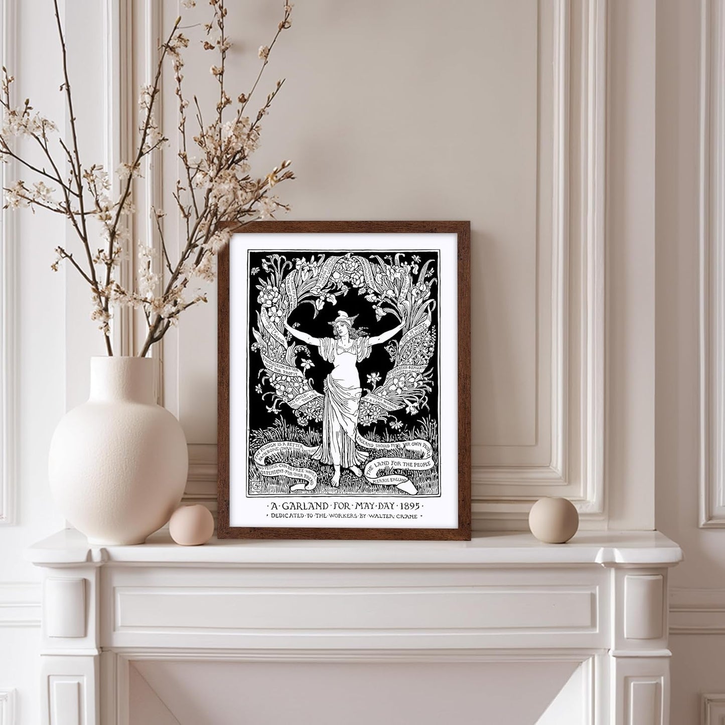 Poster Master Vintage Walter Crane Poster - Retro A Garland for May Day Print - Socialist Art - Gift for Him, Her, Men, Women - Wall Decor for Home, Office, Living Room, 8x10 Brown Framed