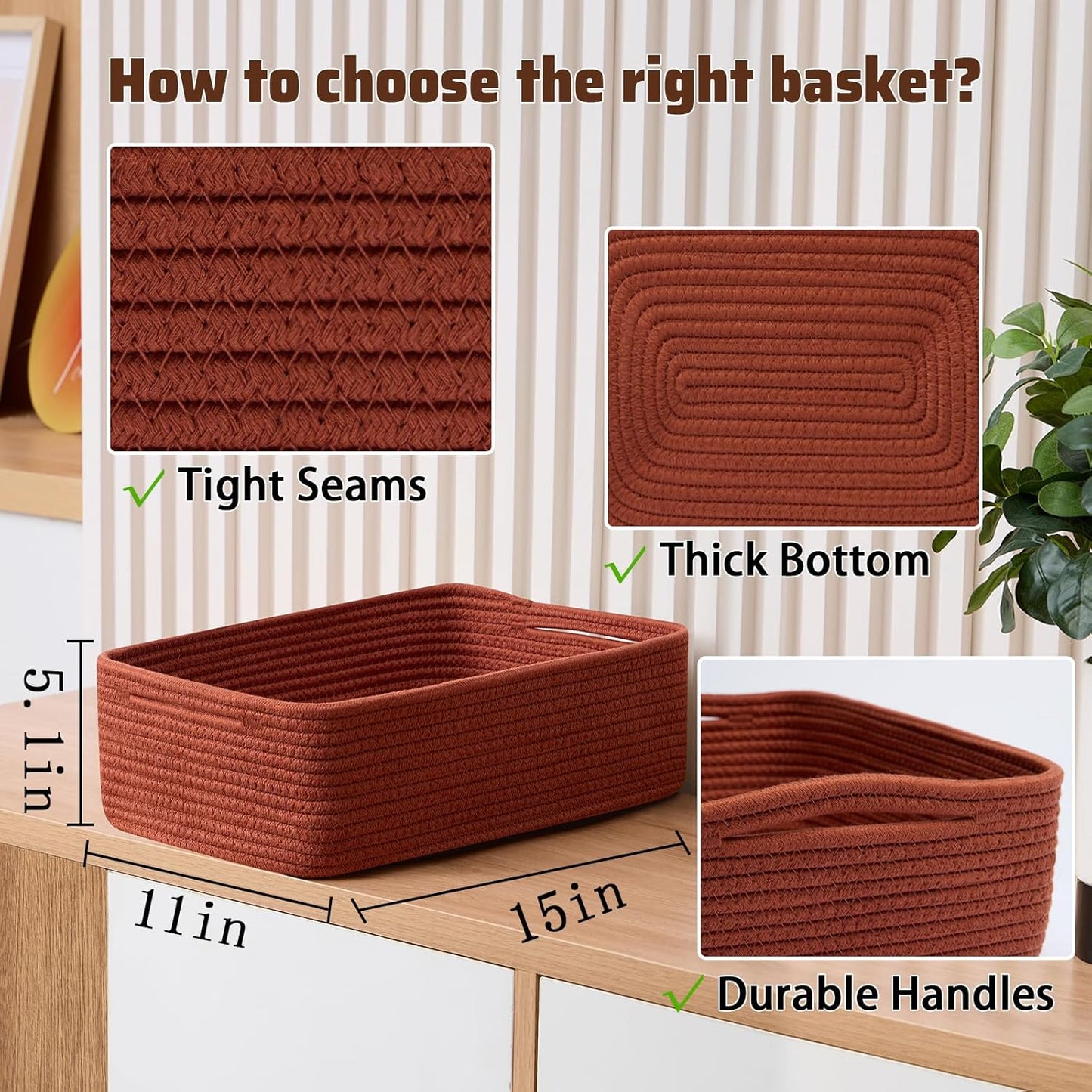 Large Shallow Organizing Baskets 15x11x5.1 Inches - Rope Woven Storage Bins for Bathroom, Shelves, Cube Closet, Red 2 Packs