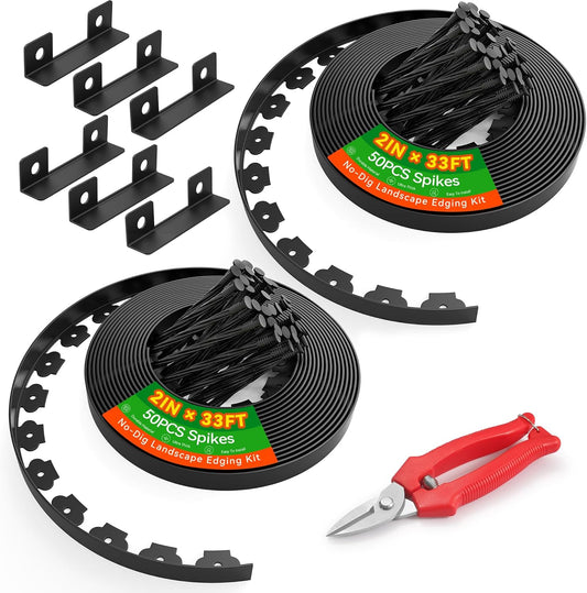 2" Tall 66ft No Dig Landscape Edging Border with 100PCS 8" Plastic Spikes & 6 PCS Connectors - Garden Lawn Edging Kit with a Shears for Landscaping, Lawn, Flower Beds and Yard