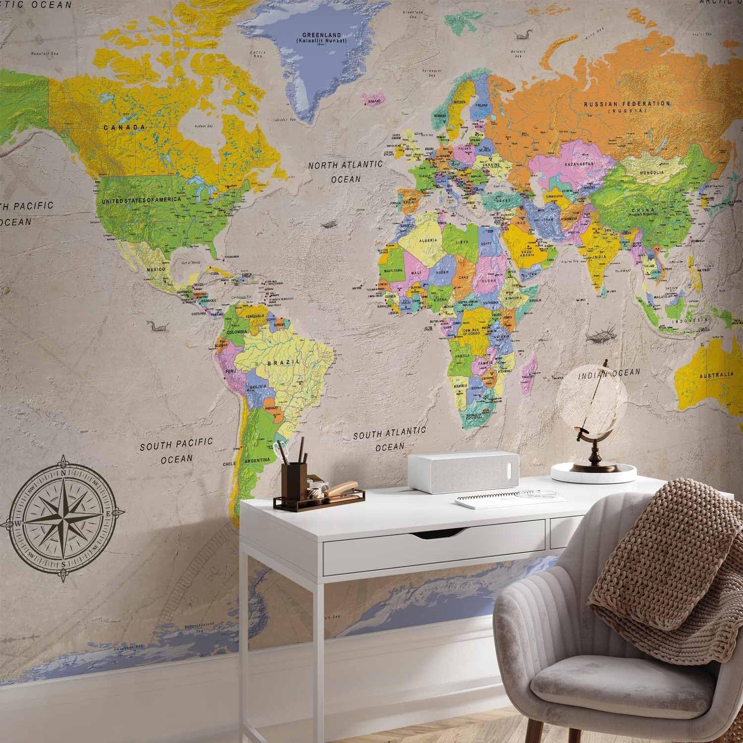 artgeist Wall Mural World Map 173x124 in - Peel and Stick Self-Adhesive Wallpaper Removable Large Sticker Foil Wall Decor Print Picture Image Design Map of The World k-A-0129-a-a