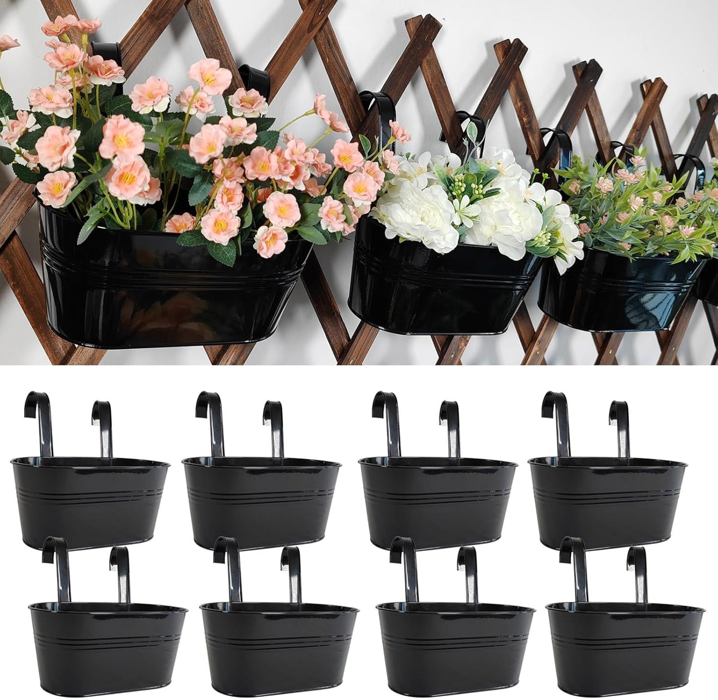 8 Pack Metal Hanging Planter for Outdoor Plants, 10 Inch Black Fence Planters Railing Pots for Garden Patio Balcony Decor, Flower Bucket with Detachable Hooks (Black, 8Pcs)
