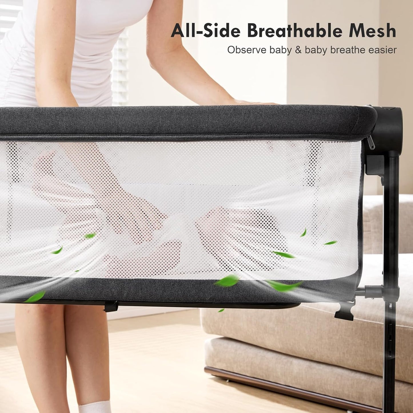 Bassinet Bedside Sleeper - All-Mesh Design, Portable Bedside Bassinet for Baby with Washable Mattress, 5 Adjustable Heights (Black)