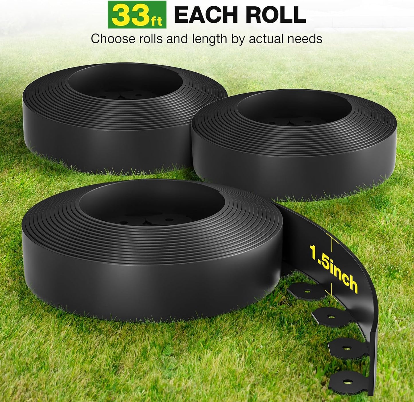 100ft,1.5in Tall Landscape Edging Kit with 150 Spikes, No-Dig Flexible Plastic Edge Border for Landscaping, Lawn, Garden, Flower Beds, Yard, Paver, Playground, Fence, Pathway, Black,3pack, 33ft Each