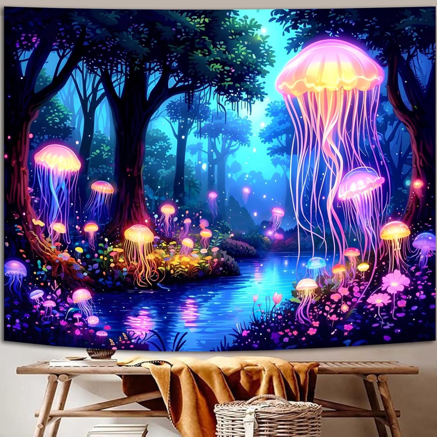 Manicer Blacklight Jellyfish Forest Tapestry – UV Reactive Fantasy Underwater Jellyfish in Enchanted Forest, Glow in the Dark Neon Nature Art Wall Hanging for Bedroom, Living Room – 51.2" x 59.1"