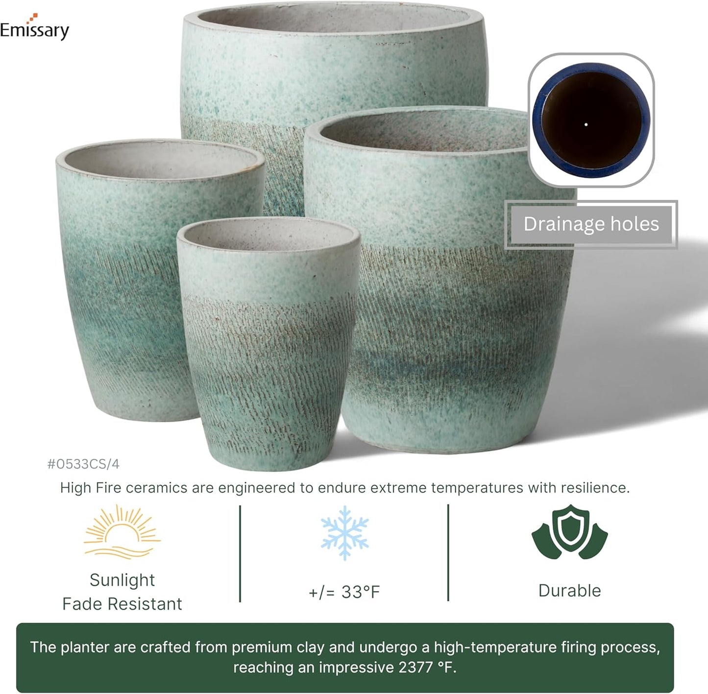 Emissary Home and Garden Bullet 12in., 14in., 15.5in., 21in. H Coastal Splash Ceramic Round Planters with Drainage Hole (Set of 4)