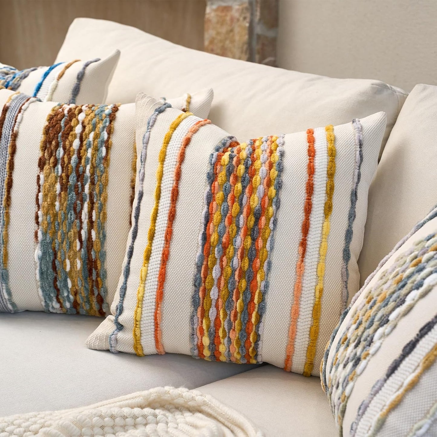 Aeckself Boho Pillow Covers 18x18 Inch Set of 2, Farmhouse Decorative Striped Square Chenille Tufted Accent Neutral Throw Pillow Covers for Living Room Couch Bed, Yellow Orange