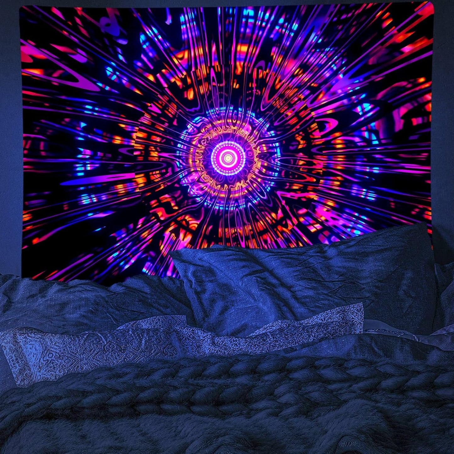 PSYHILAR Blacklight Mandala Tapestry for Bedroom, Psychedelic Black Light Posters for Adults and Teens, Colorful UV Reactive Aesthetic Bohemian Art Wall Hanging Decor Red and Purple (80 x 60 Inches)