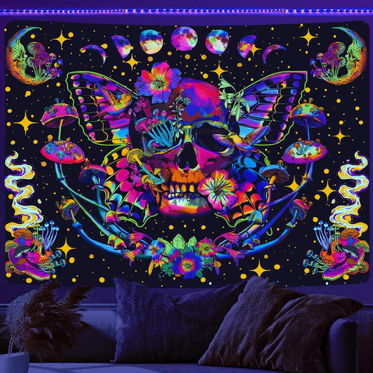 Xiaoput Blacklight Skull Tapestry, UV Reactive Mushroom Butterfly, Aesthetic Moth Moon Flowers, Hippie Skeleton Wall Hanging for Bedroom, Living Room, Home, Dorm 60x40in