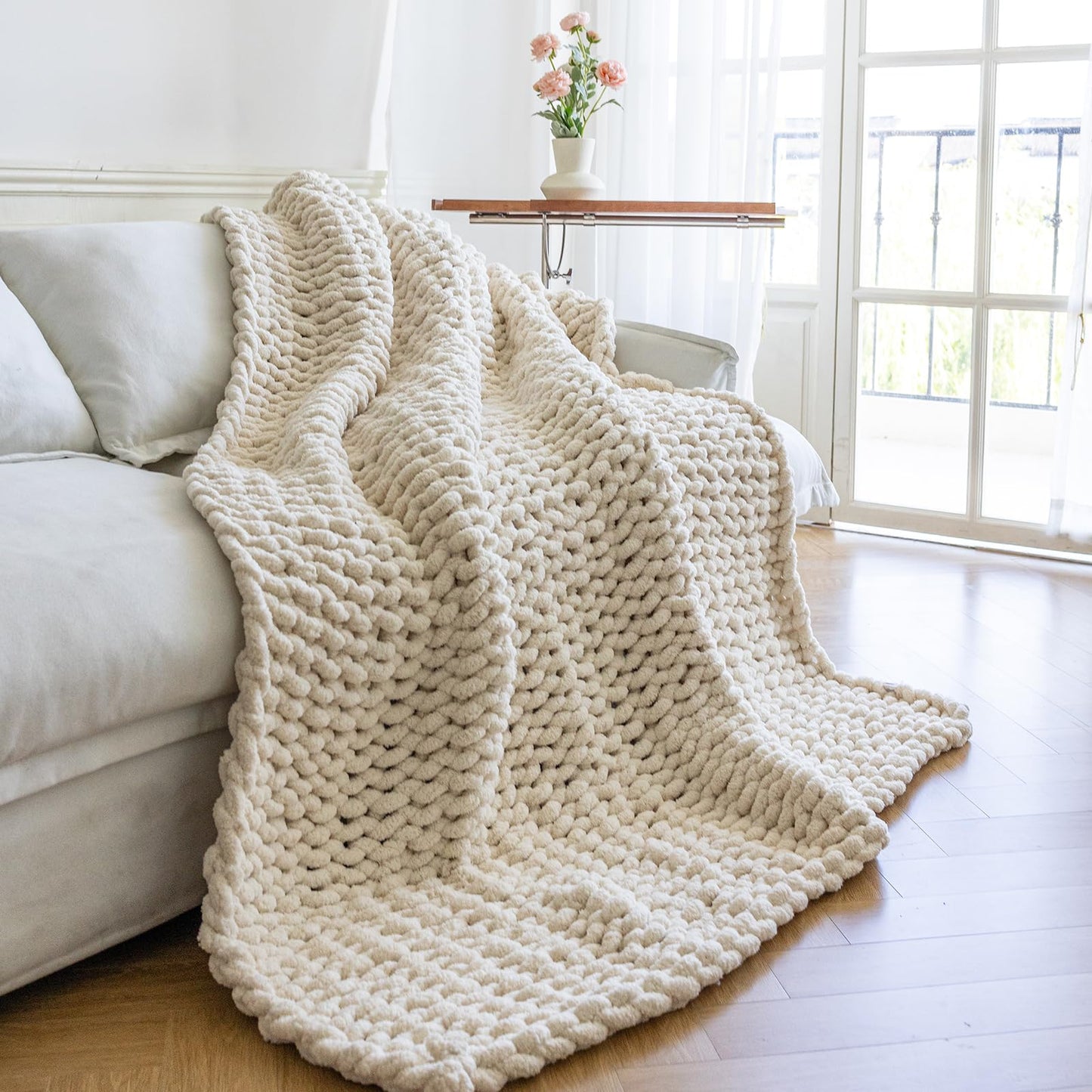 Premium Cream Chunky Knit Throw Blanket | 60"x80" Woven Rope Knot Design | Ultra Soft & Machine Washable
