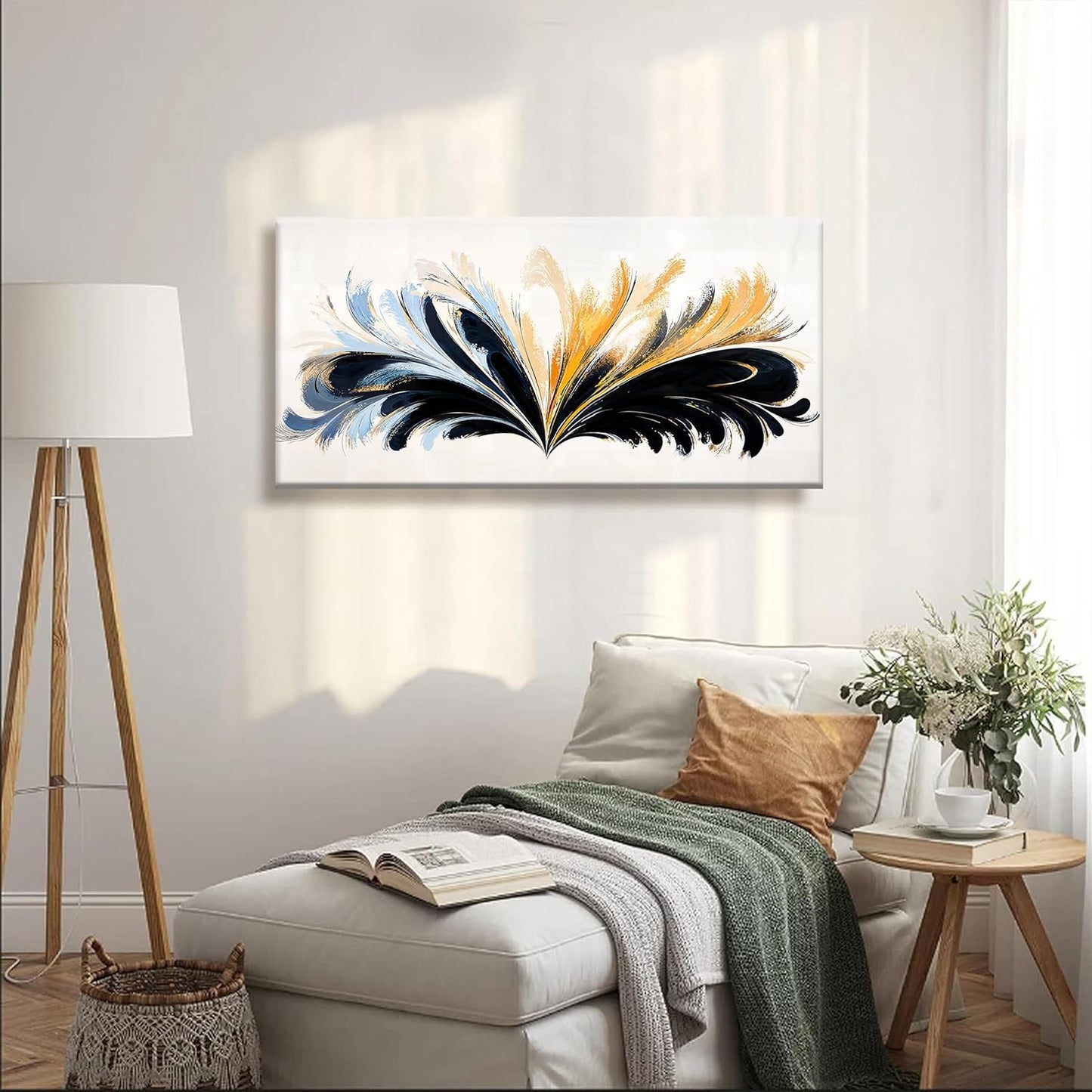 QSQ Black And Gold Abstract Wall Art Print Painting Canvas Art Wall Decor Artwork Abstract Blue Feather Wall Decor Pictures For Bedroom Kitchen Office Artwork 20 X 40 Inch Ready To Hang
