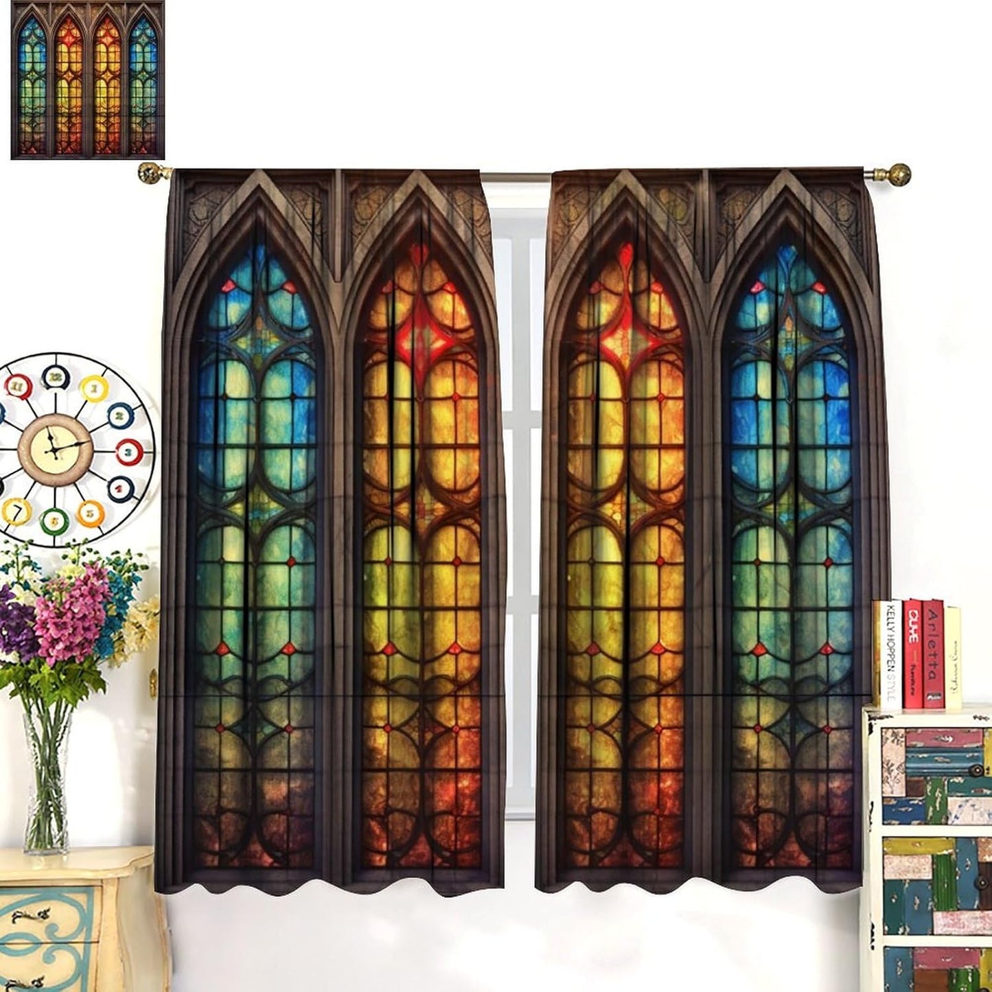 Stained Glass Curtains,Mid Century Vintage Style Abstract Art Home Decor Drapes for Bedroom Living Room Kitchen Window Treatment 2 Panels Set Total Size 84" W X 84" L Inch
