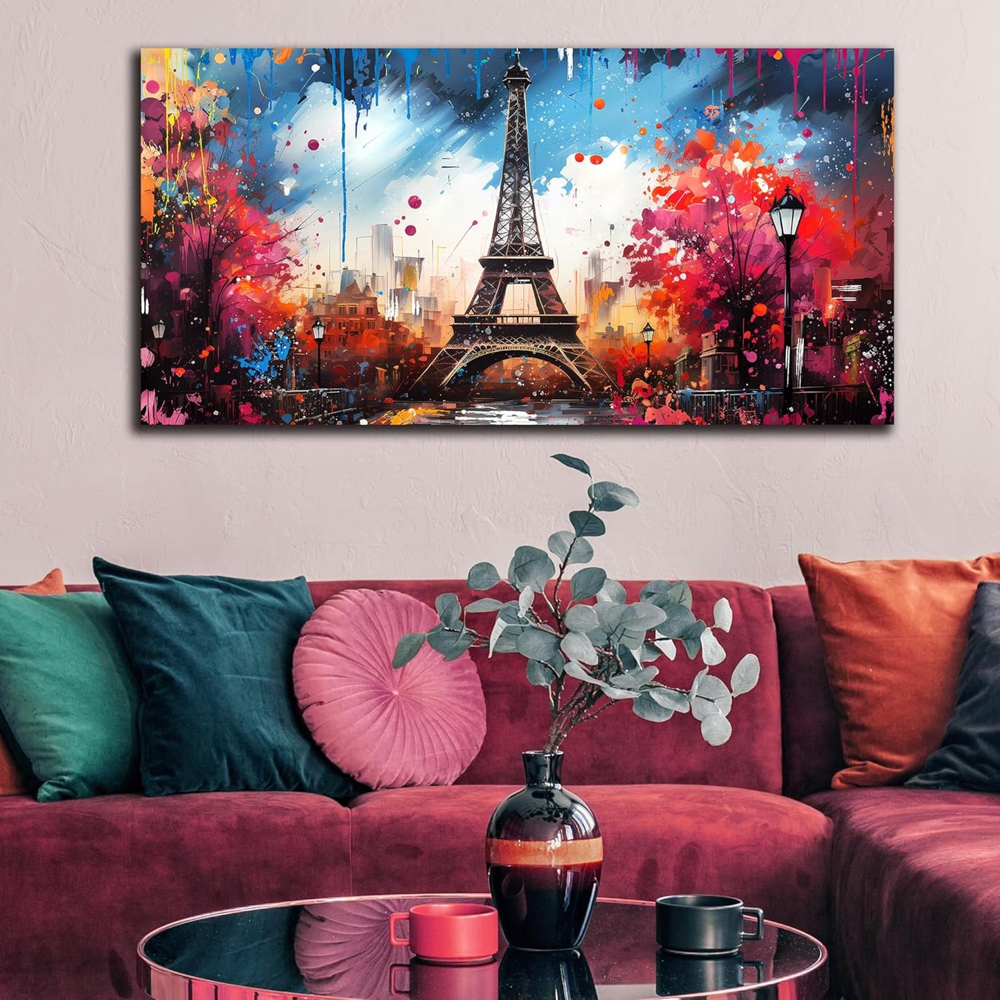 Large Canvas Wall Art Paris Eiffel Tower Decor Modern Blue and Red Graffiti Canvas Prints Ready to Hang for Living Room Bedroom Framed Home Decor Size 24x48